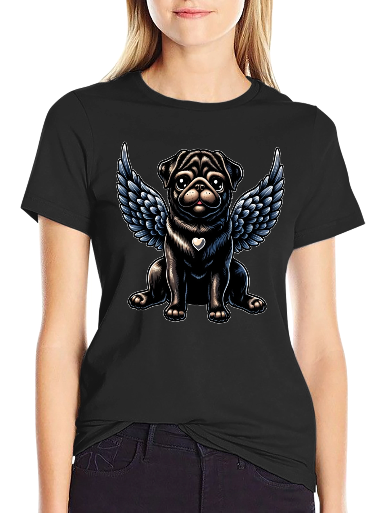 Angel Pug Graphic Tee - Black Cotton T-Shirt