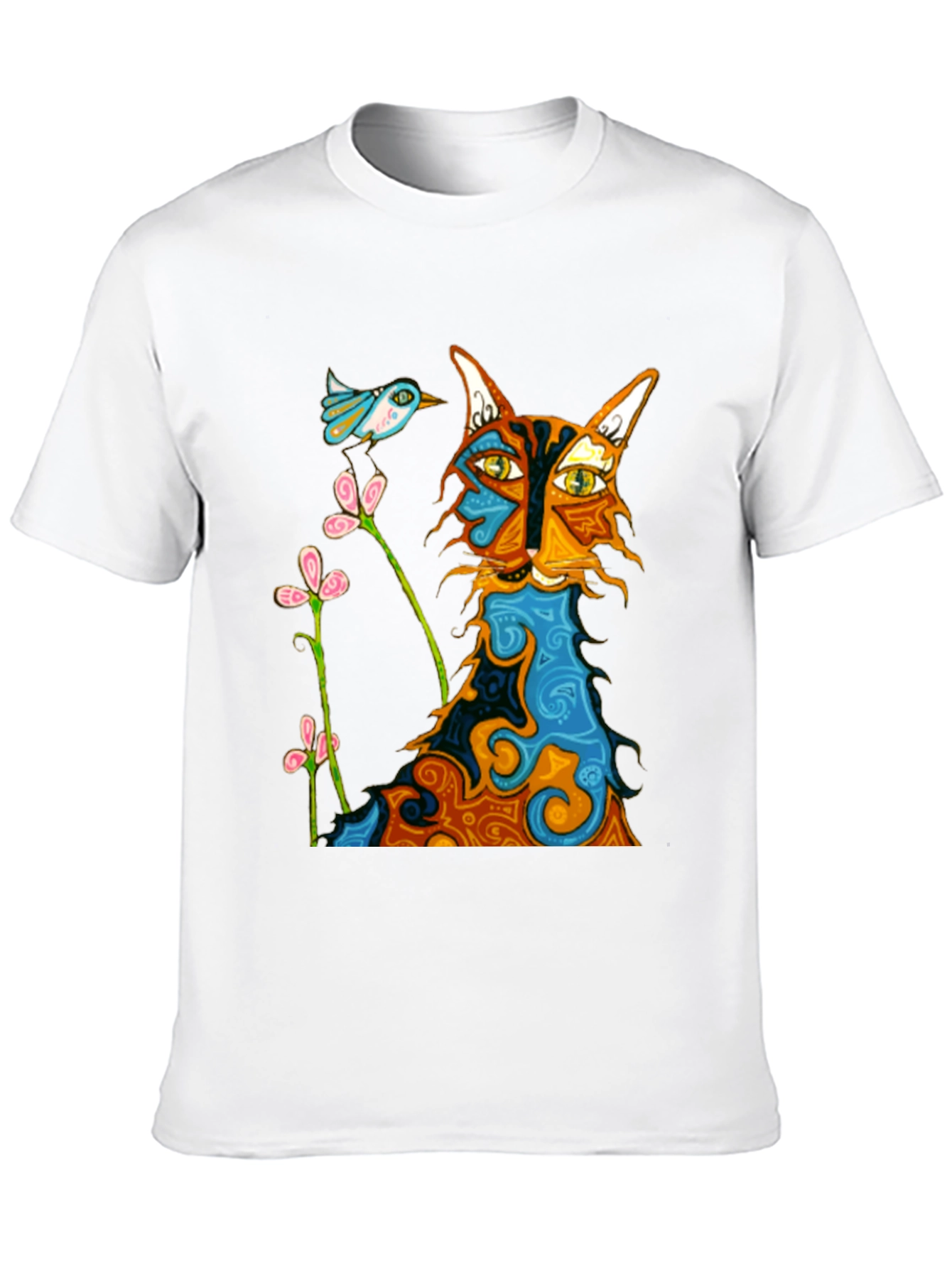 Whimsical Cat & Bird Graphic Tee