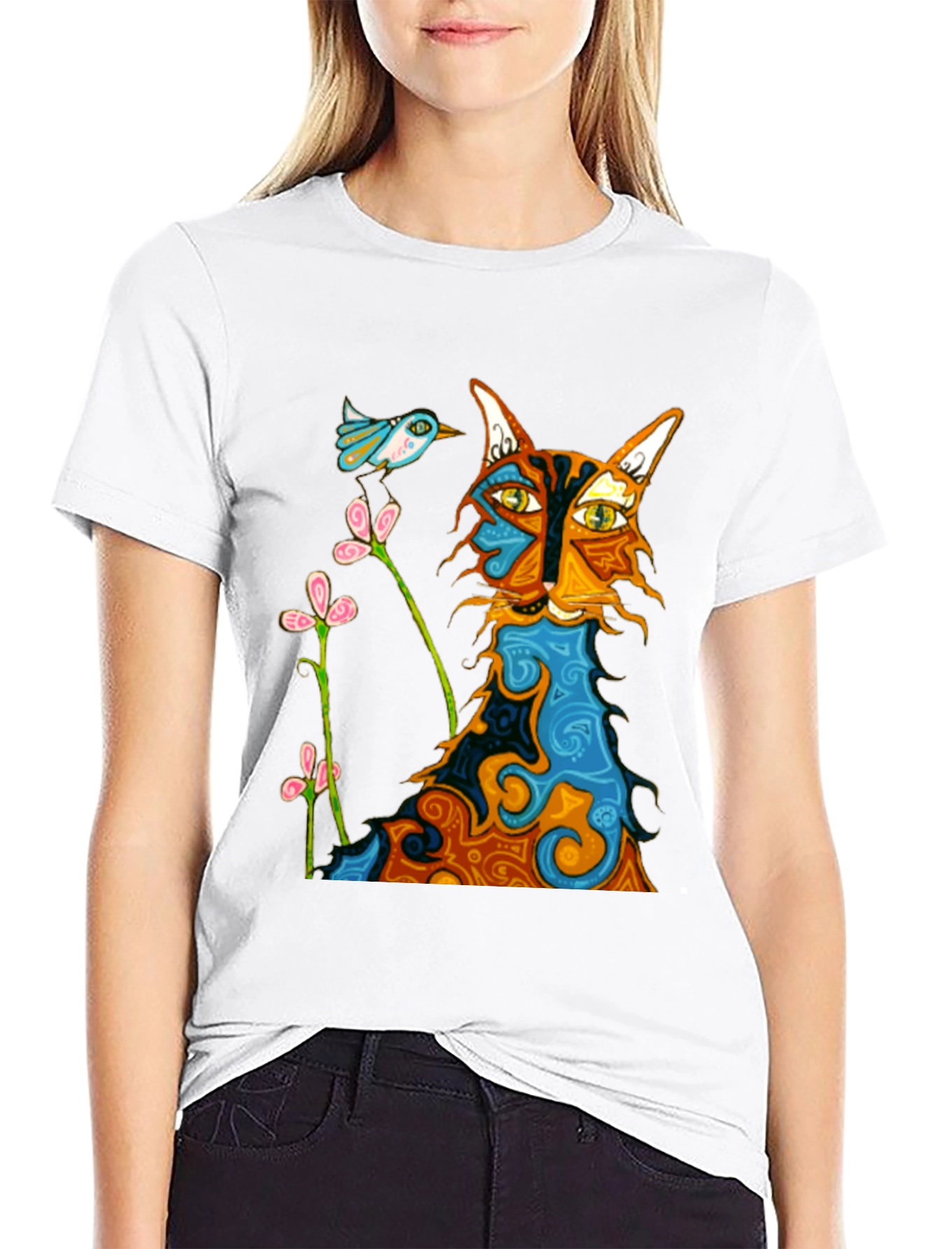 Whimsical Cat & Bird Graphic Tee