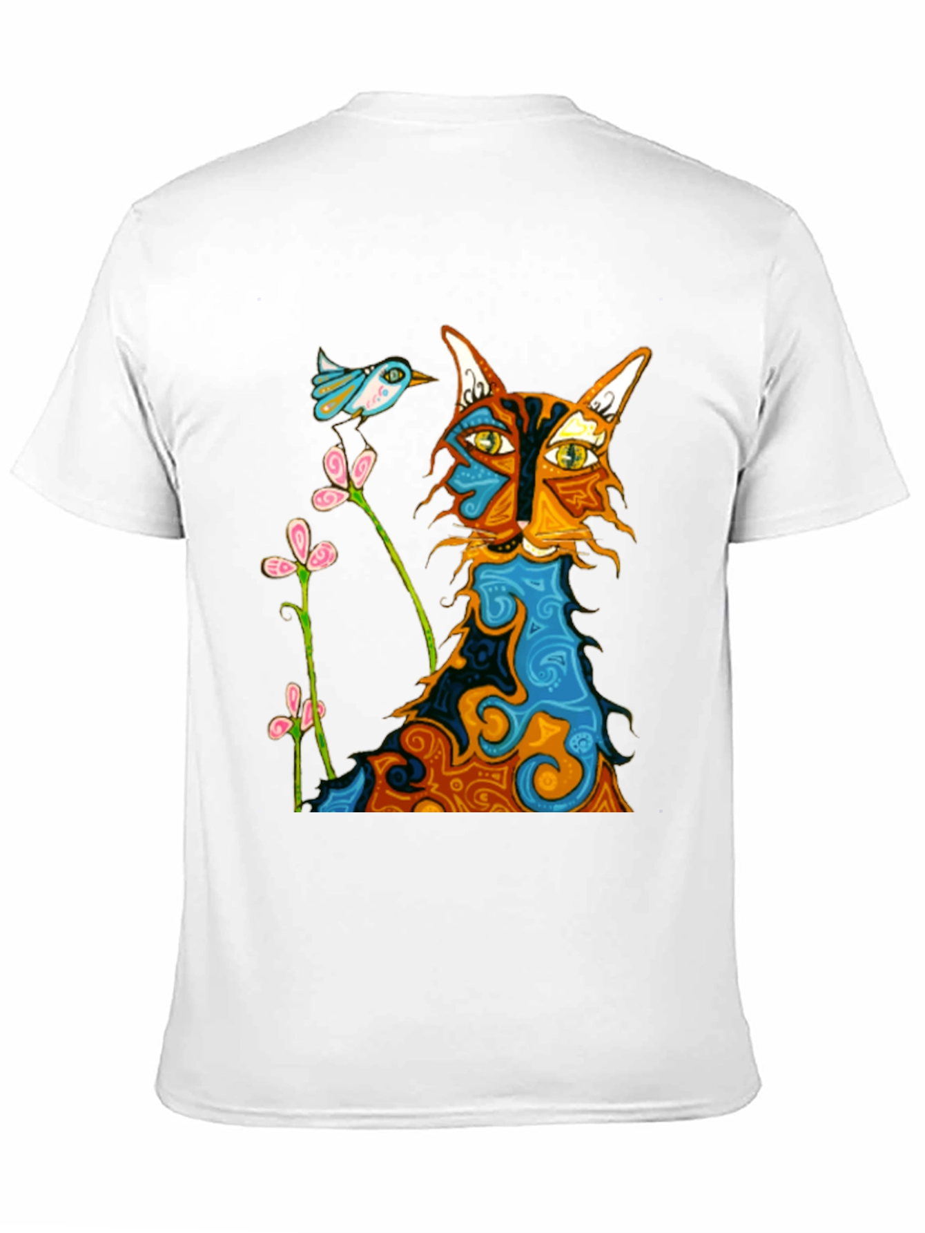 Whimsical Cat & Bird Graphic Tee