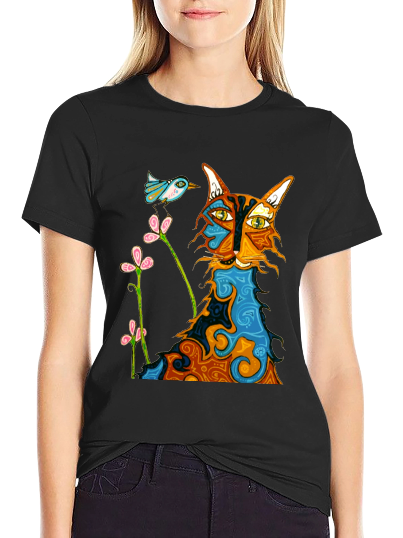 Whimsical Cat & Bird Graphic Tee