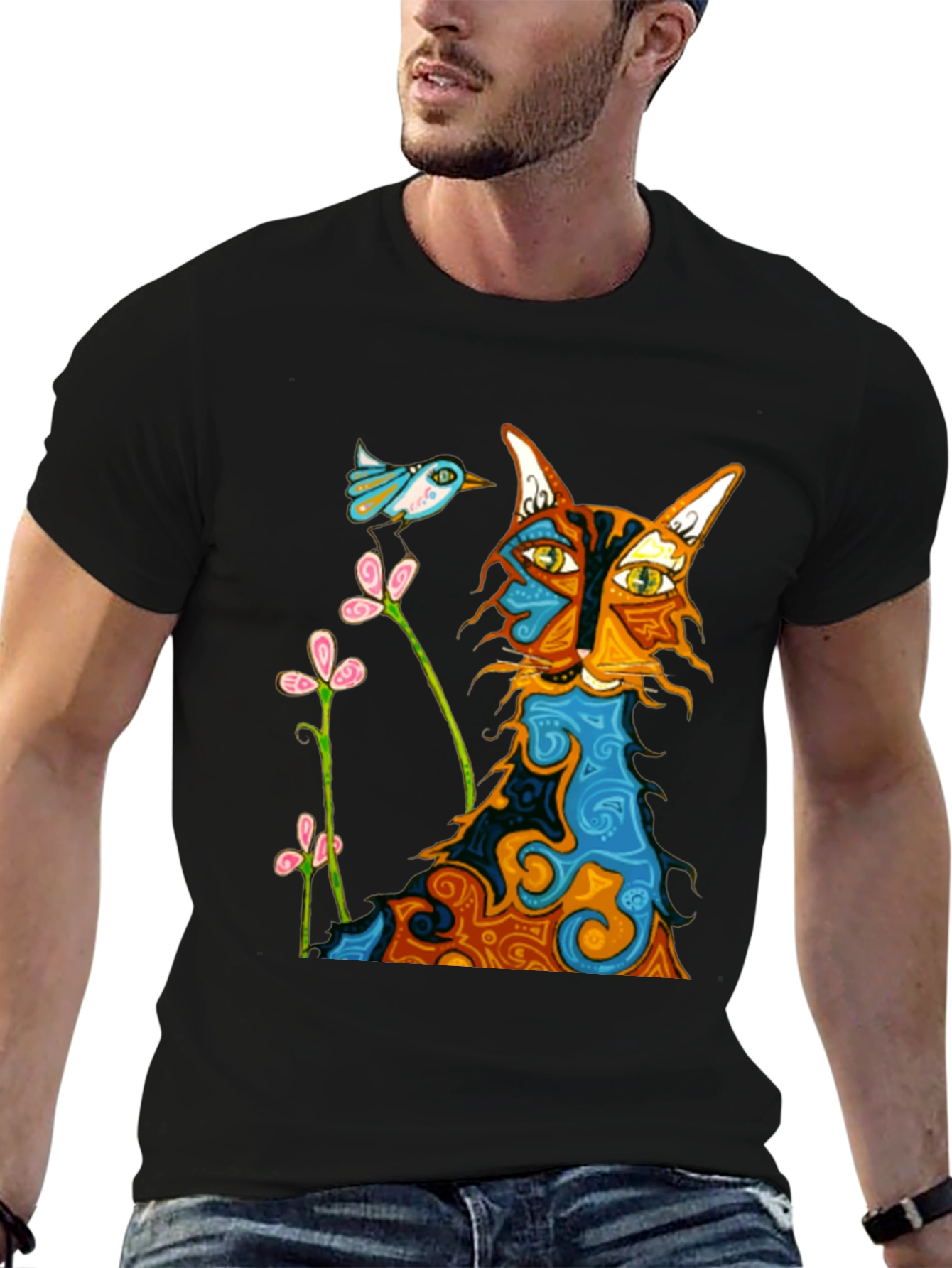 Whimsical Cat & Bird Graphic Tee
