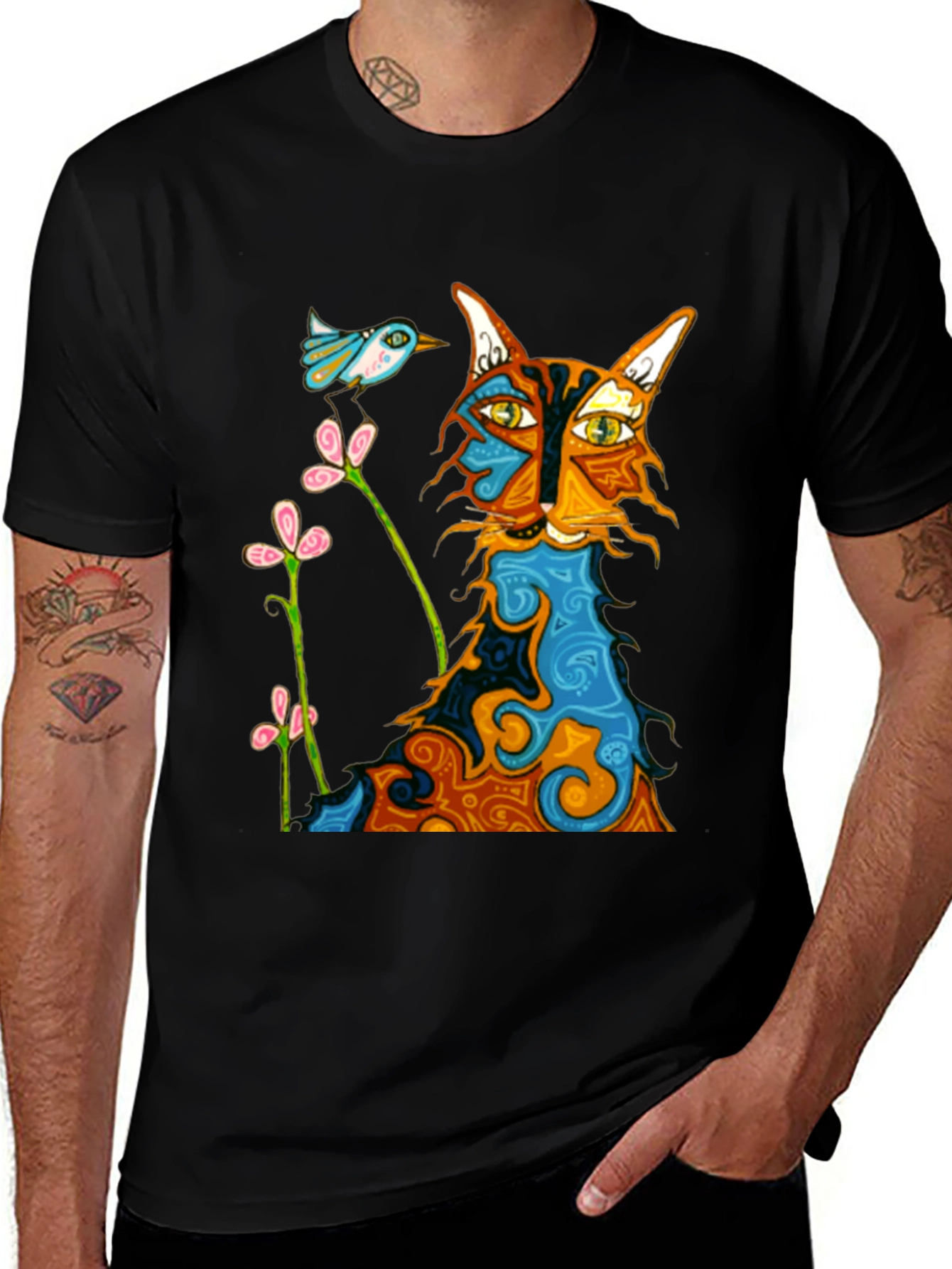 Whimsical Cat & Bird Graphic Tee