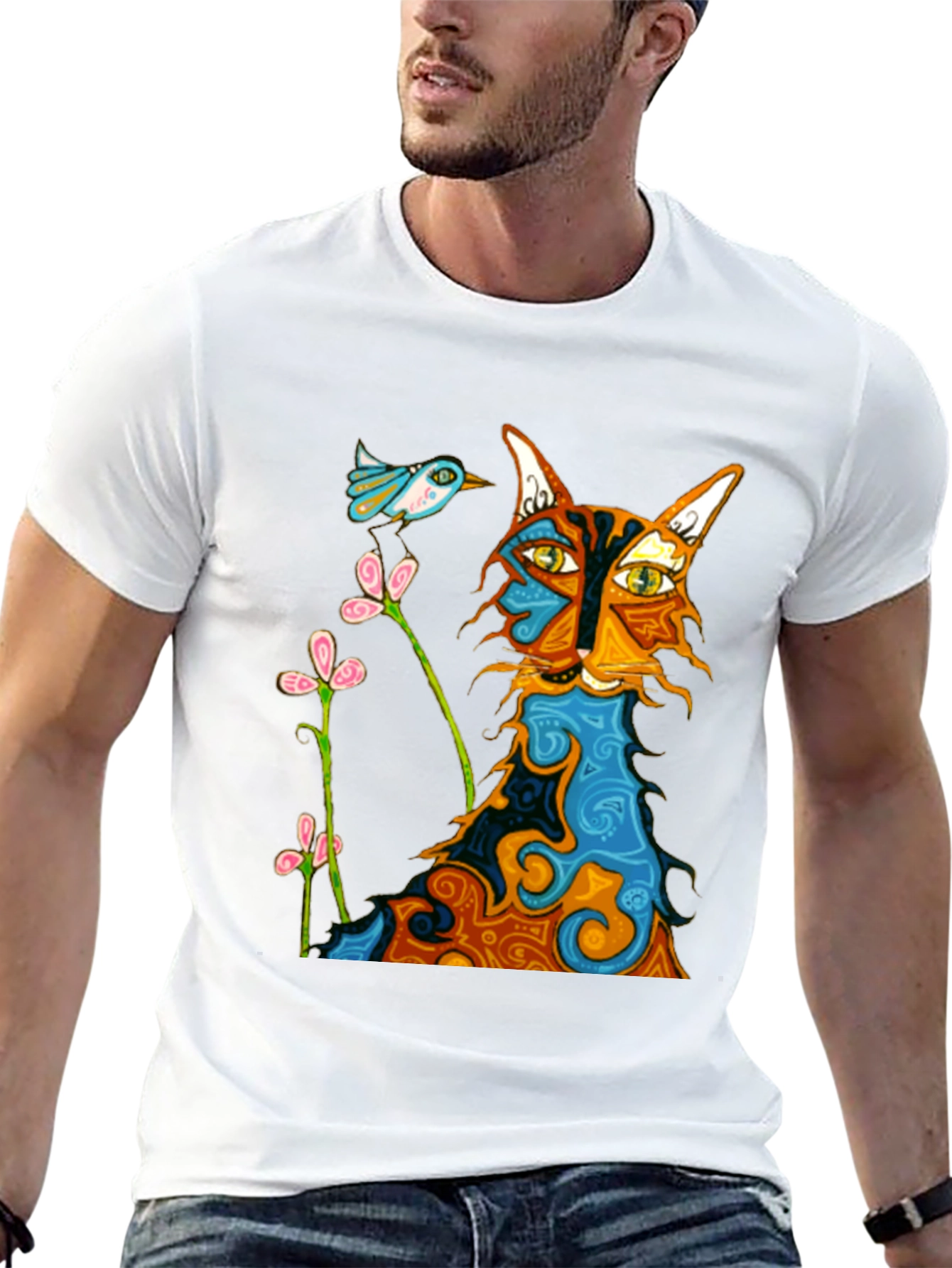 Whimsical Cat & Bird Graphic Tee