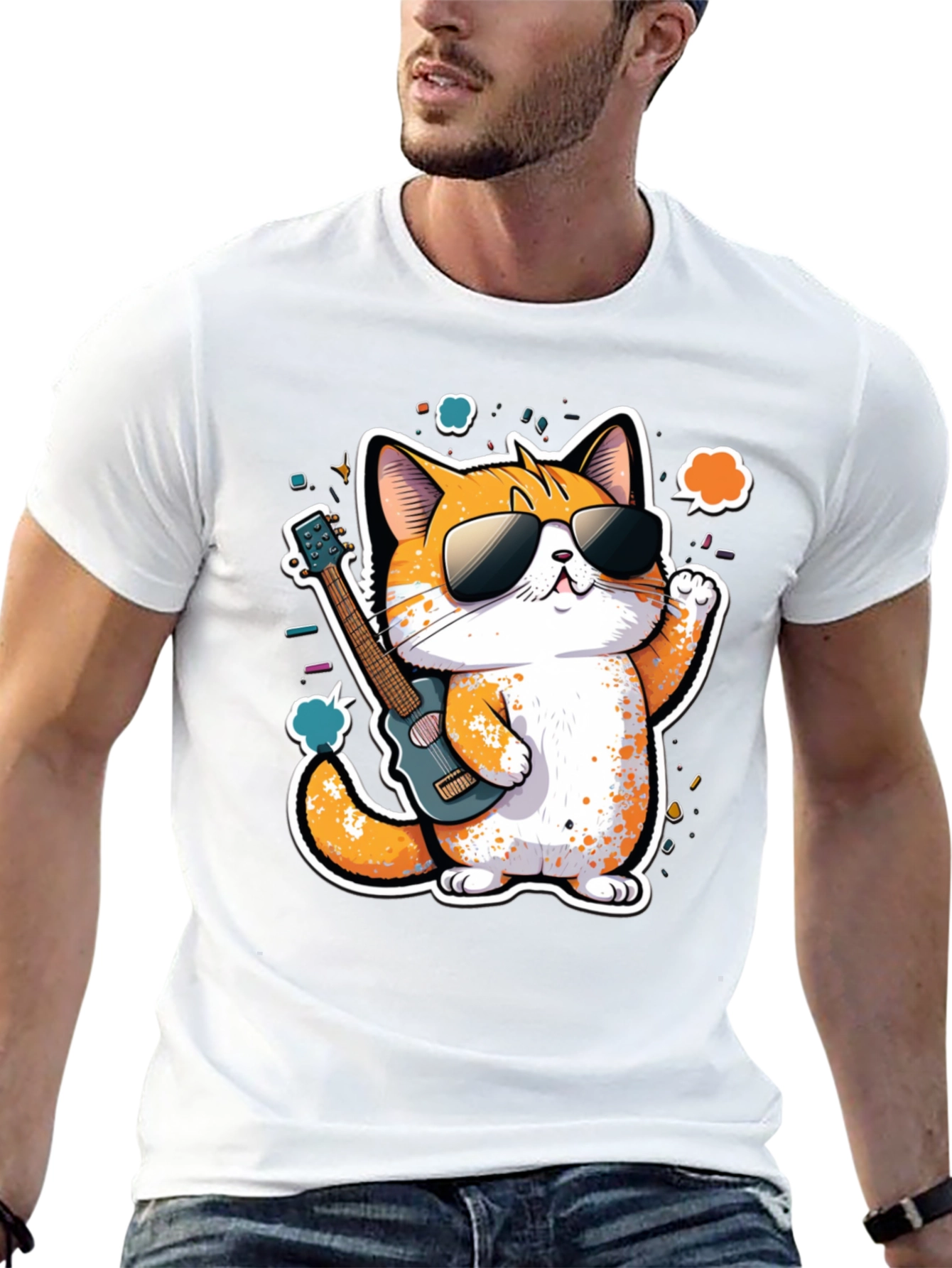 Cool Cat Guitarist Graphic Tee - Black Cotton T-Shirt