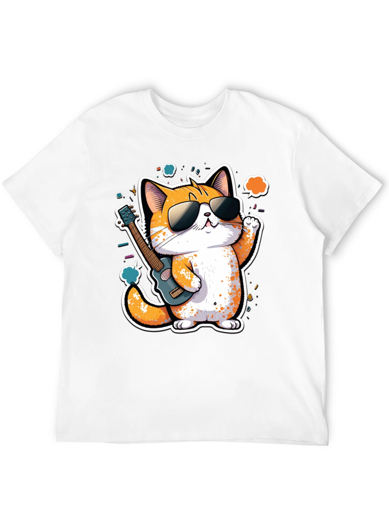 Cool Cat Guitarist Graphic Tee - Black Cotton T-Shirt