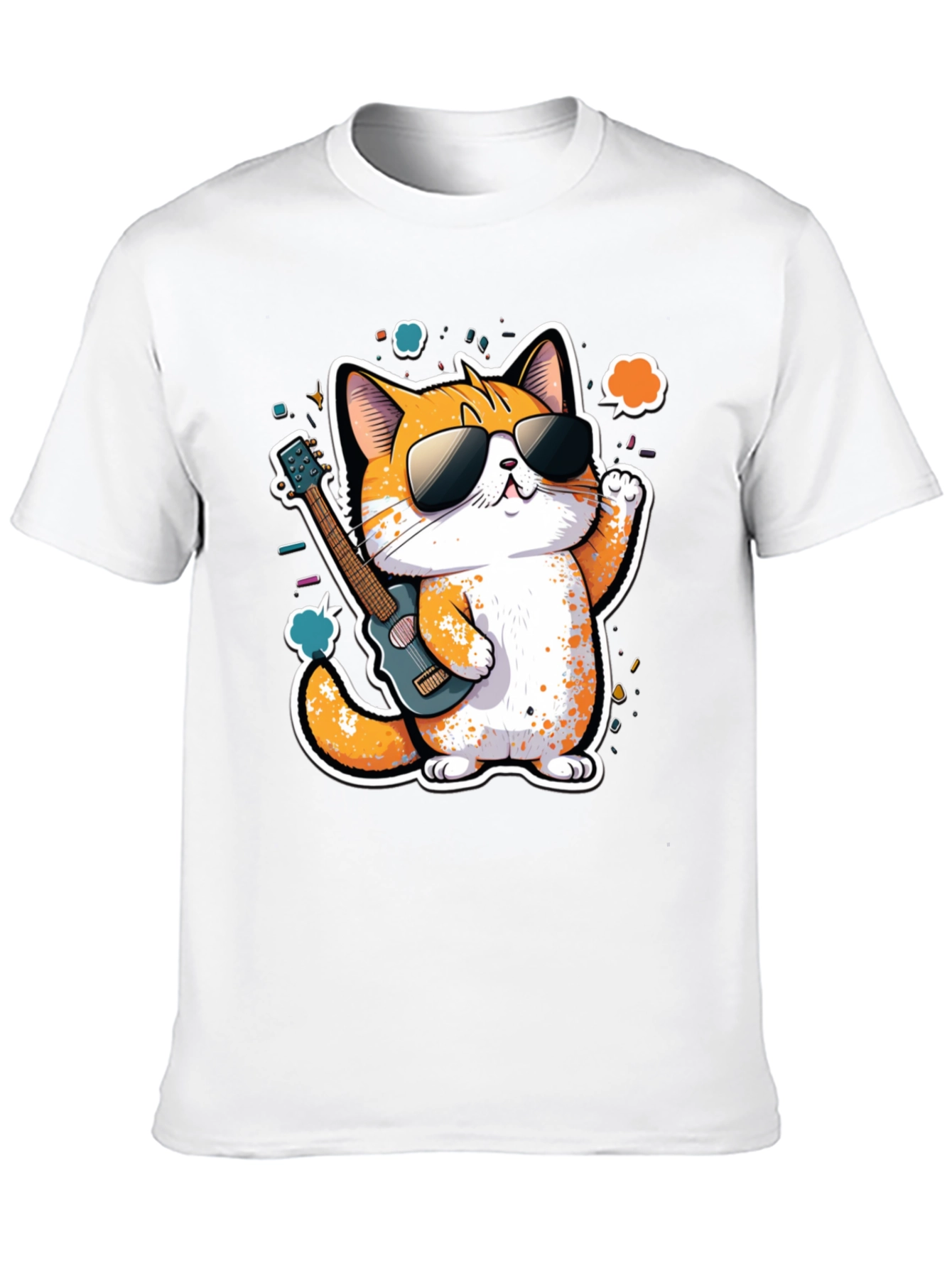 Cool Cat Guitarist Graphic Tee - Black Cotton T-Shirt