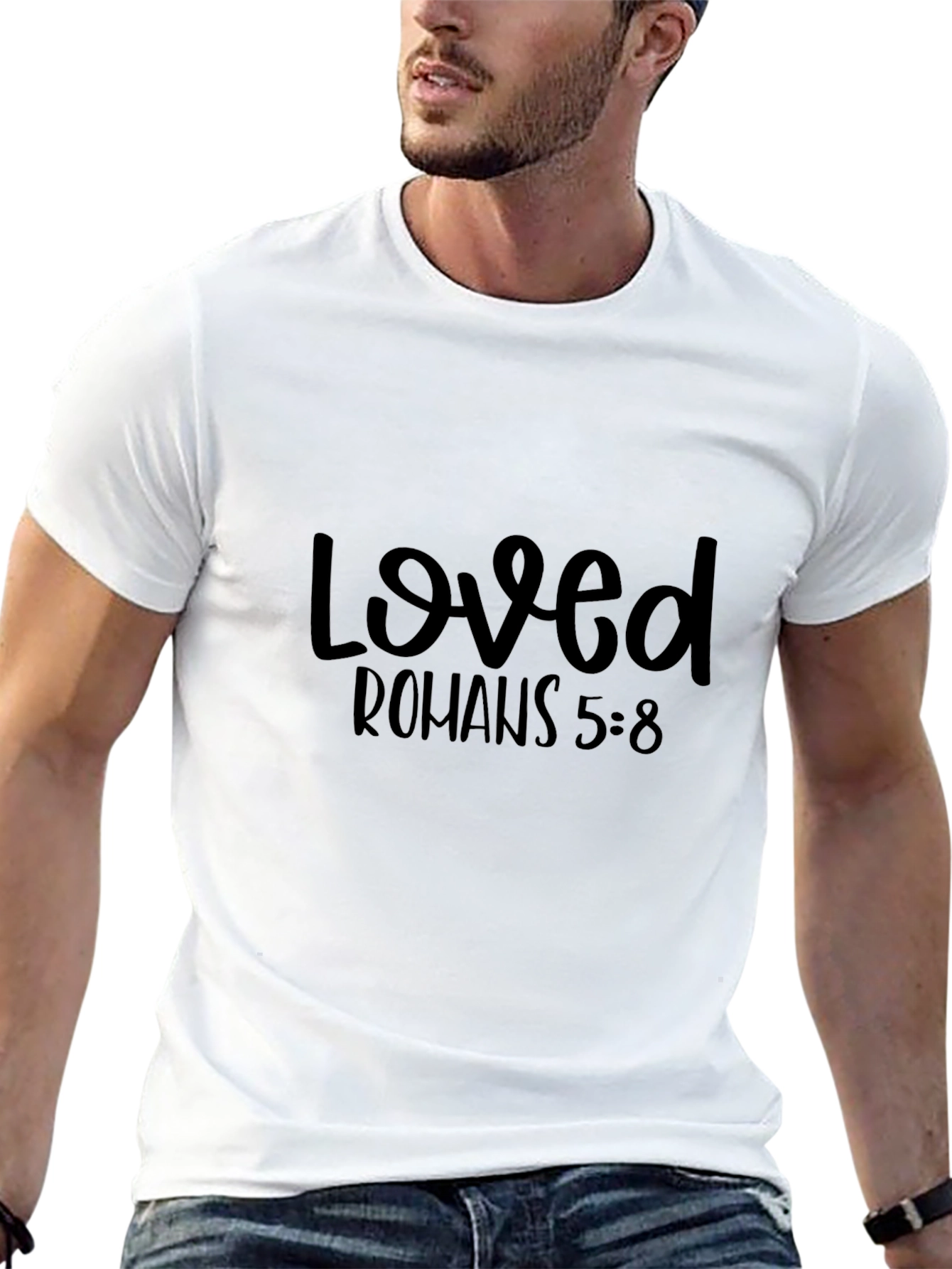 Loved Romans 5:8 Black Graphic T-Shirt