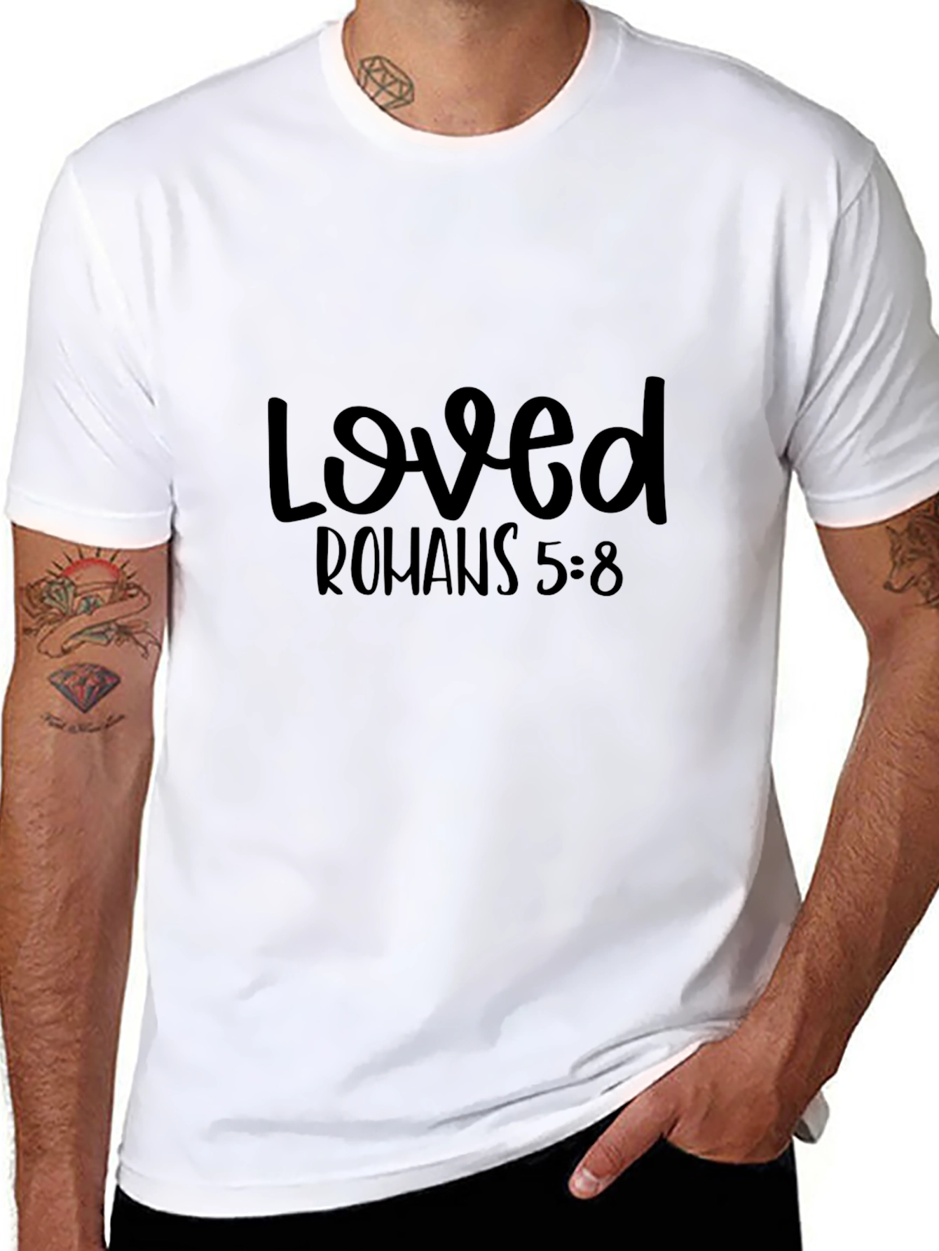 Loved Romans 5:8 Black Graphic T-Shirt