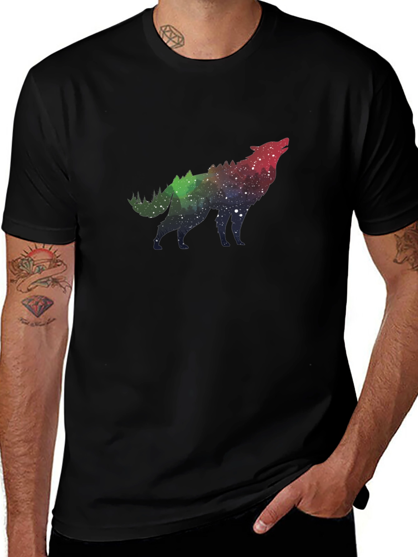 Wolf Galaxy Print Black T-Shirt