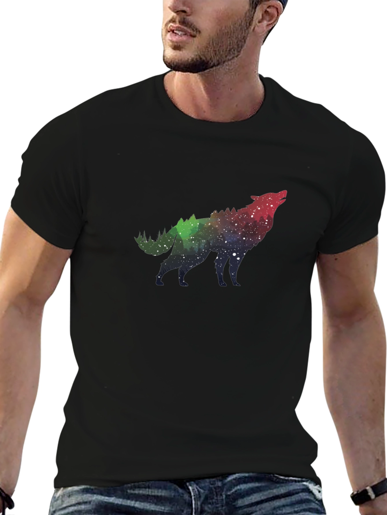 Wolf Galaxy Print Black T-Shirt