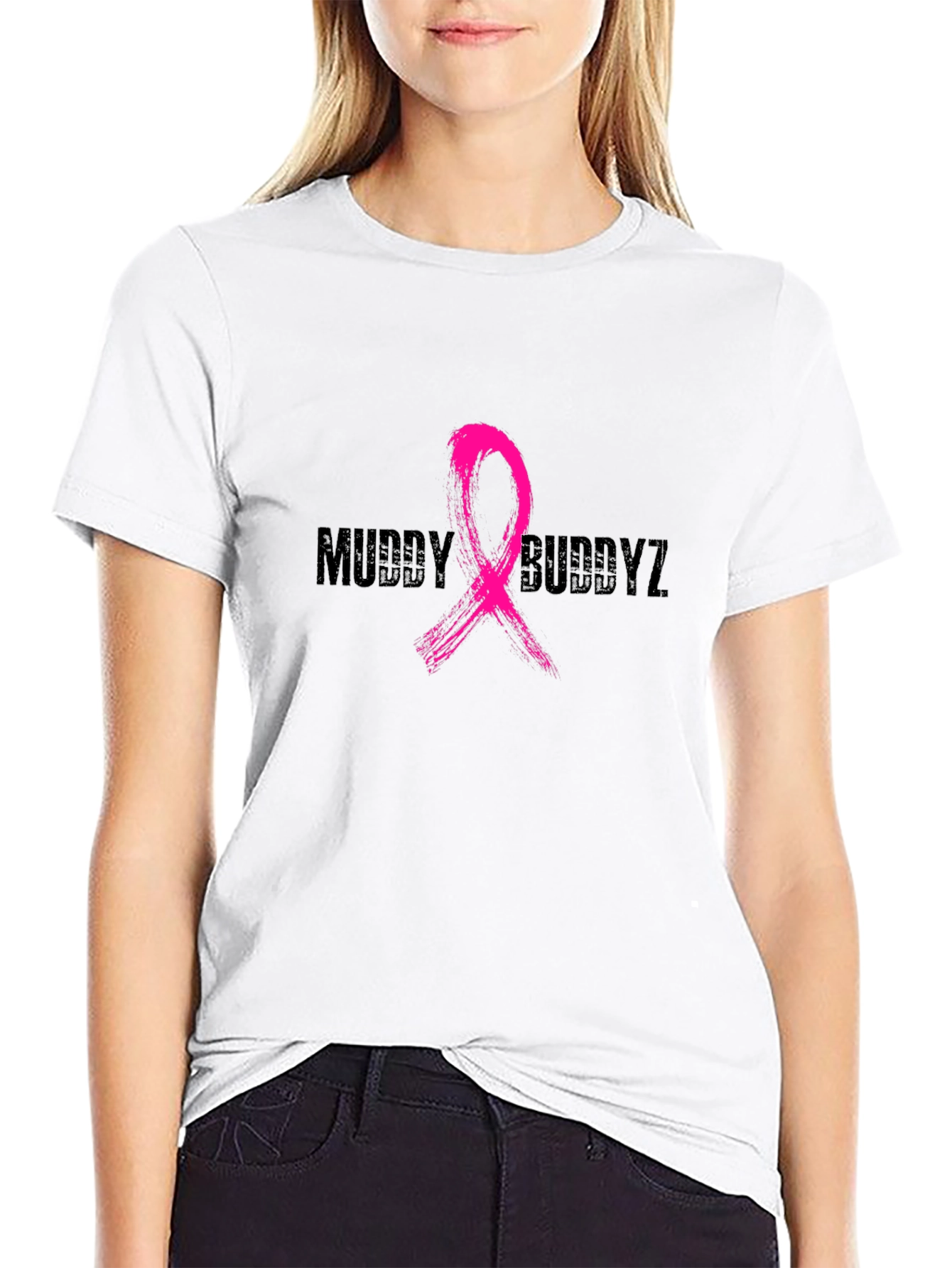 Muddy Buddyz Black T-Shirt with Pink Ribbon Graphic