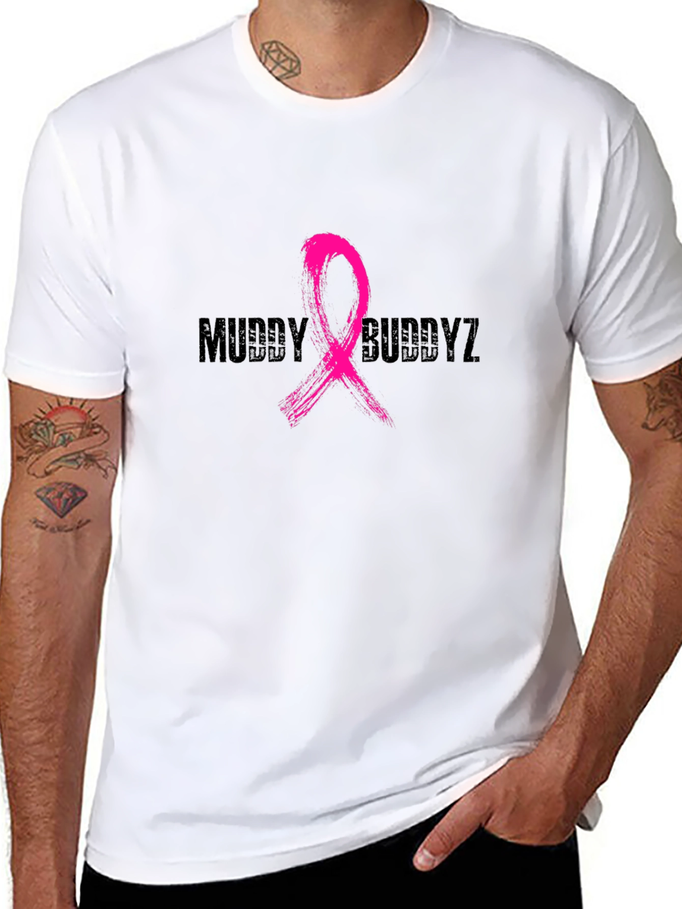 Muddy Buddyz Black T-Shirt with Pink Ribbon Graphic