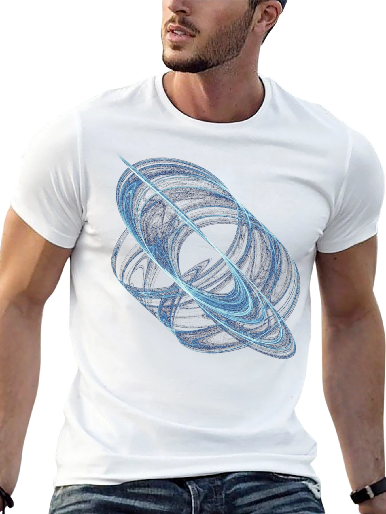 Abstract Blue Swirl Graphic Black T-Shirt