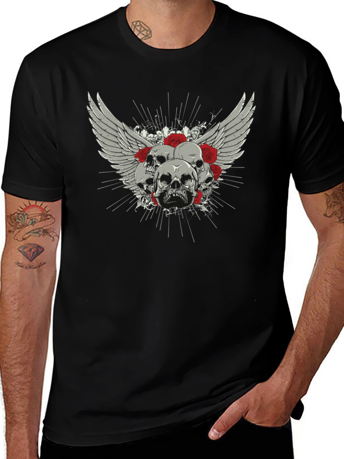 Skull & Roses Graphic Print Black T-Shirt