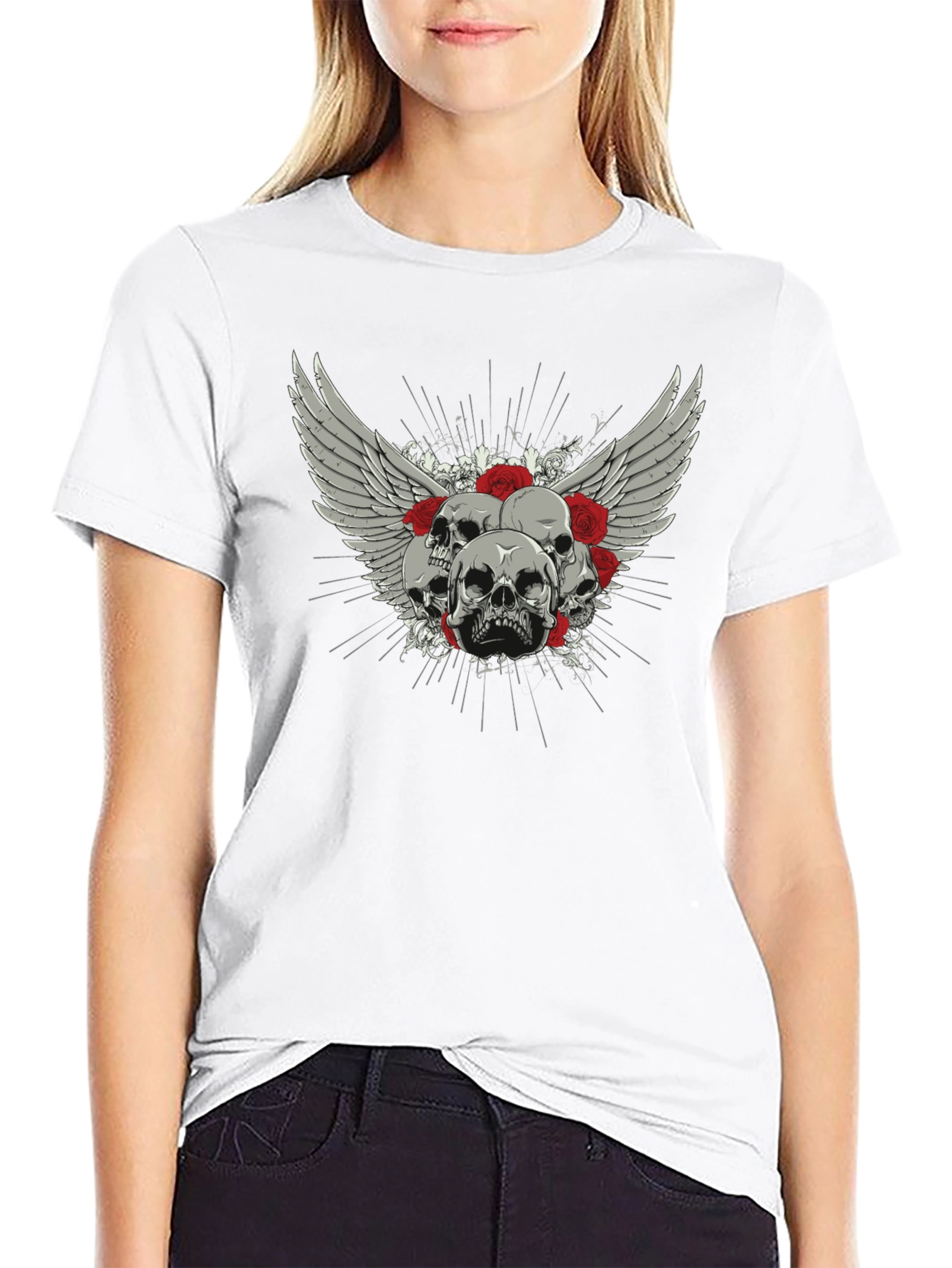 Skull & Roses Graphic Print Black T-Shirt