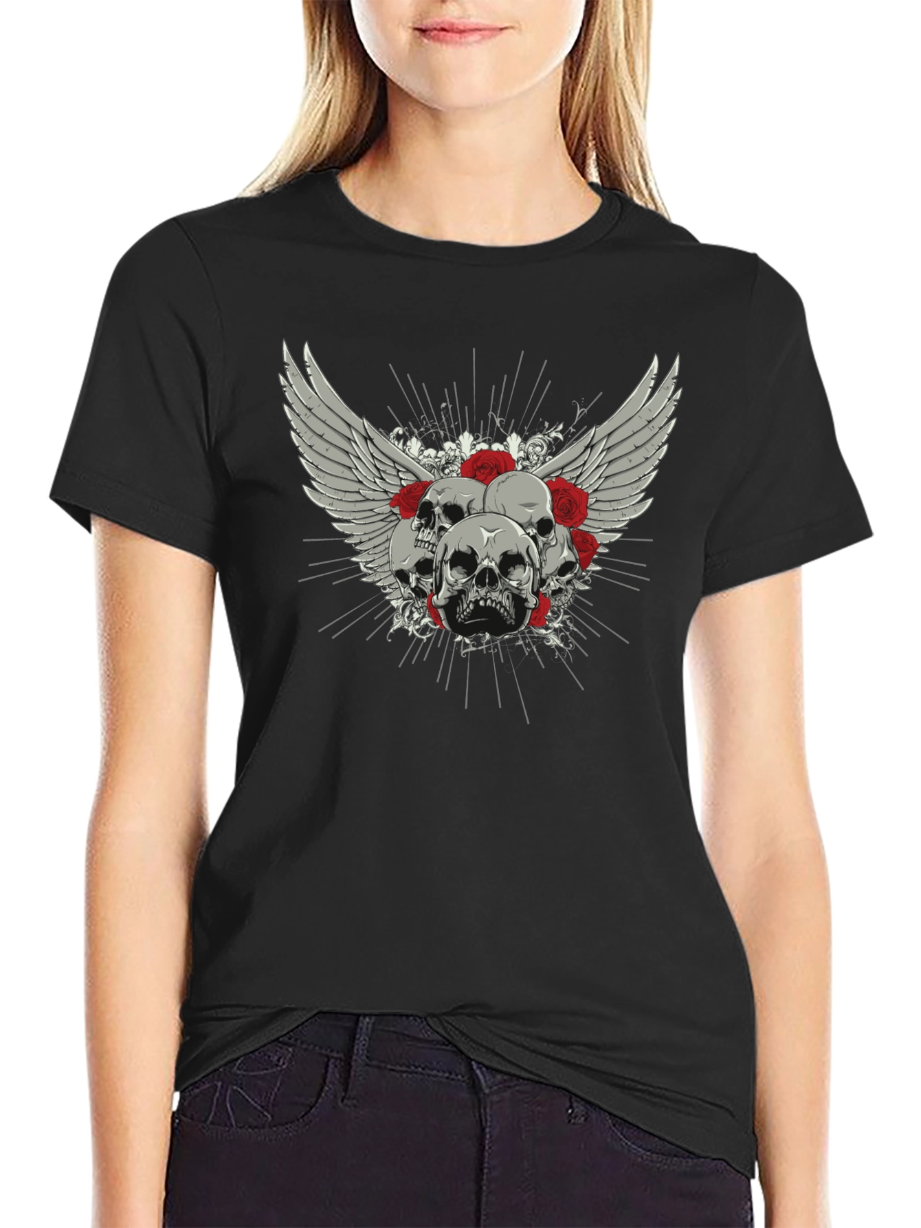 Skull & Roses Graphic Print Black T-Shirt