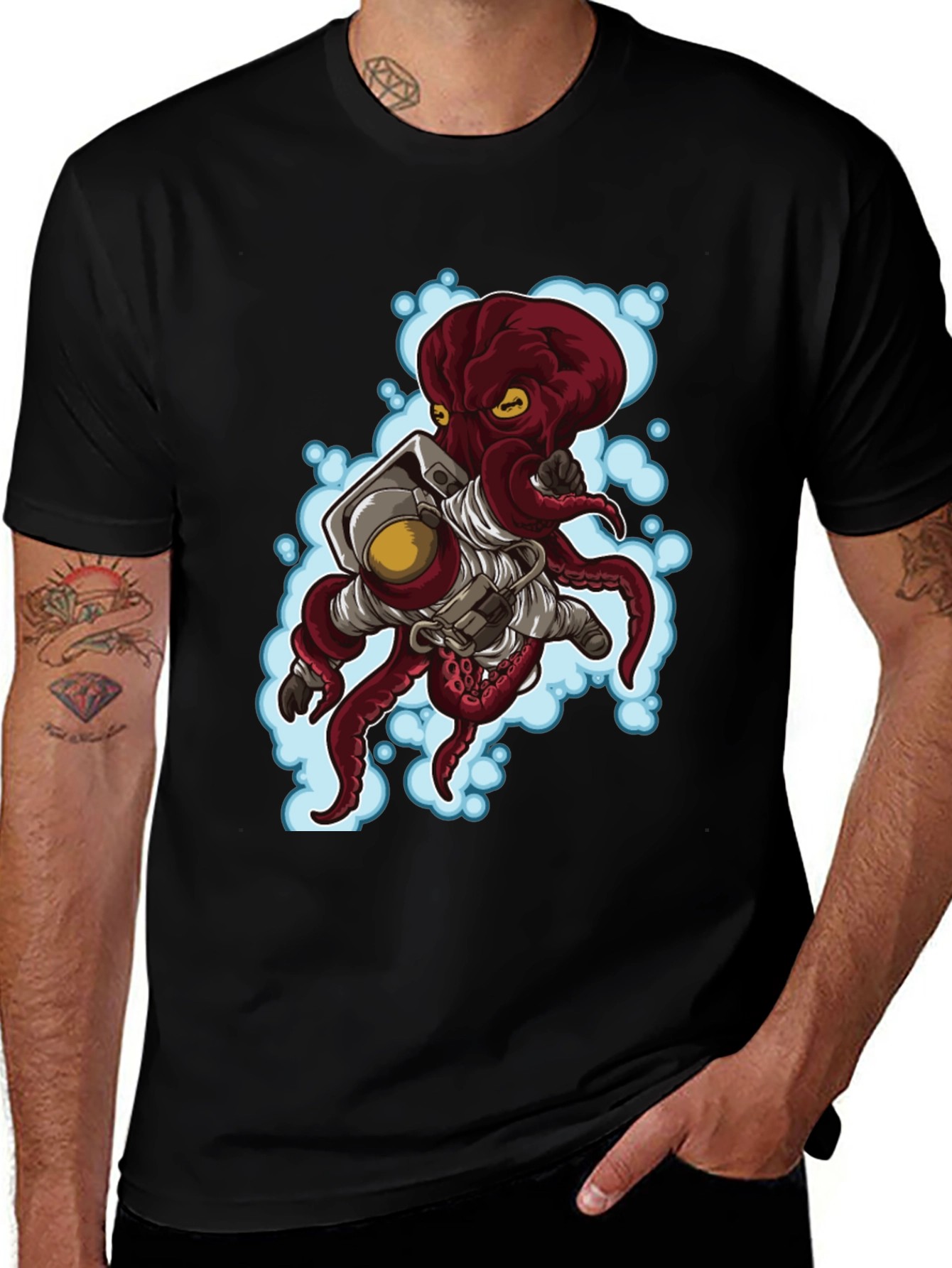 Astronaut Octopus Graphic Tee - Black Cotton