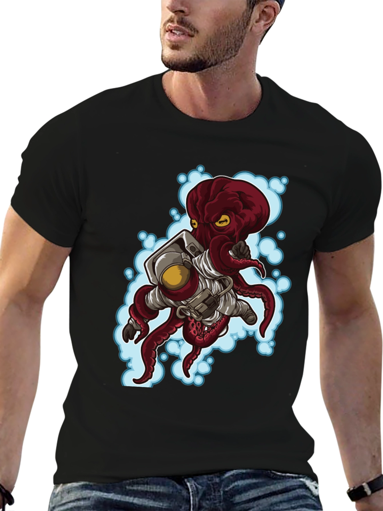 Astronaut Octopus Graphic Tee - Black Cotton
