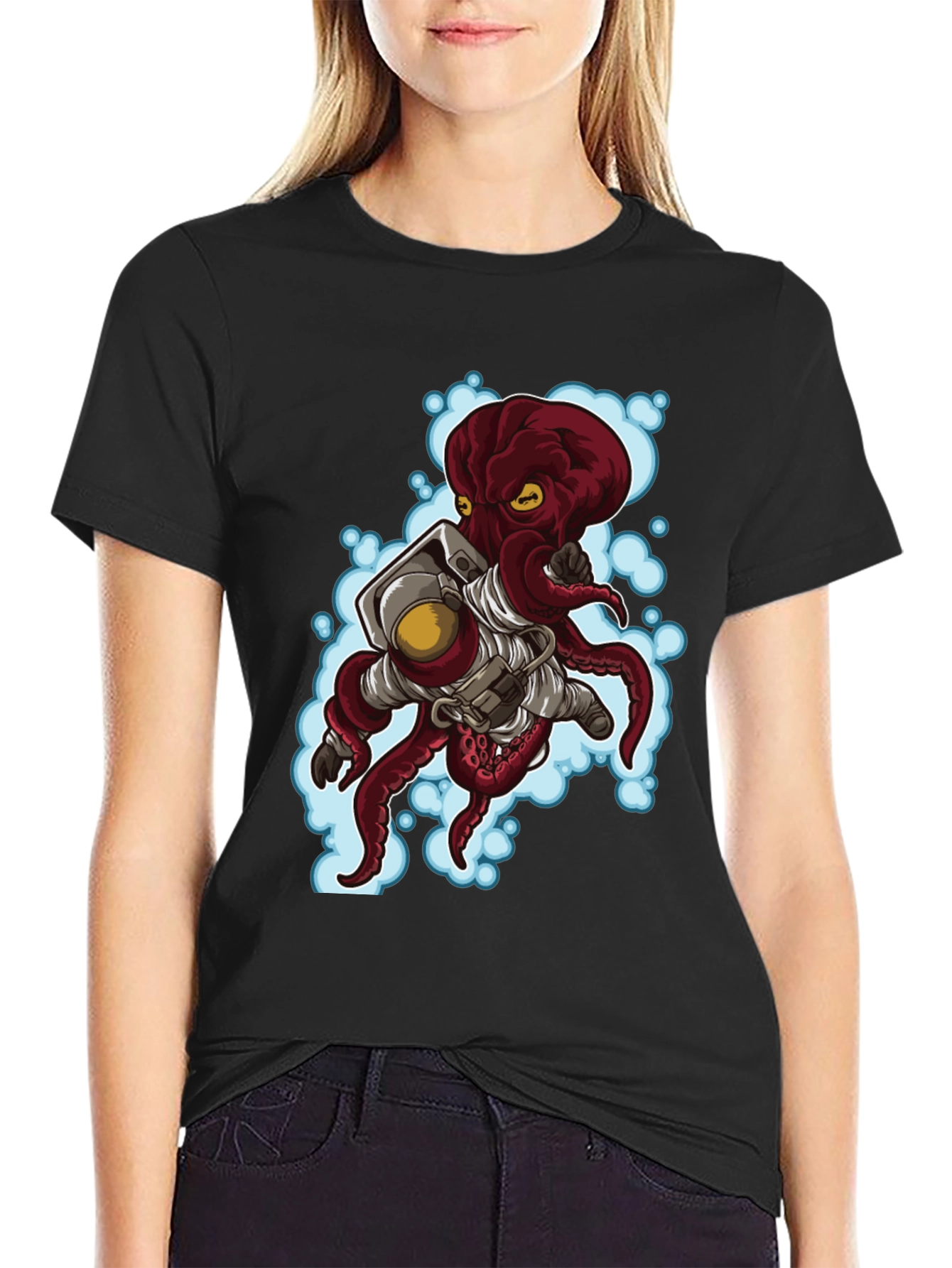 Astronaut Octopus Graphic Tee - Black Cotton