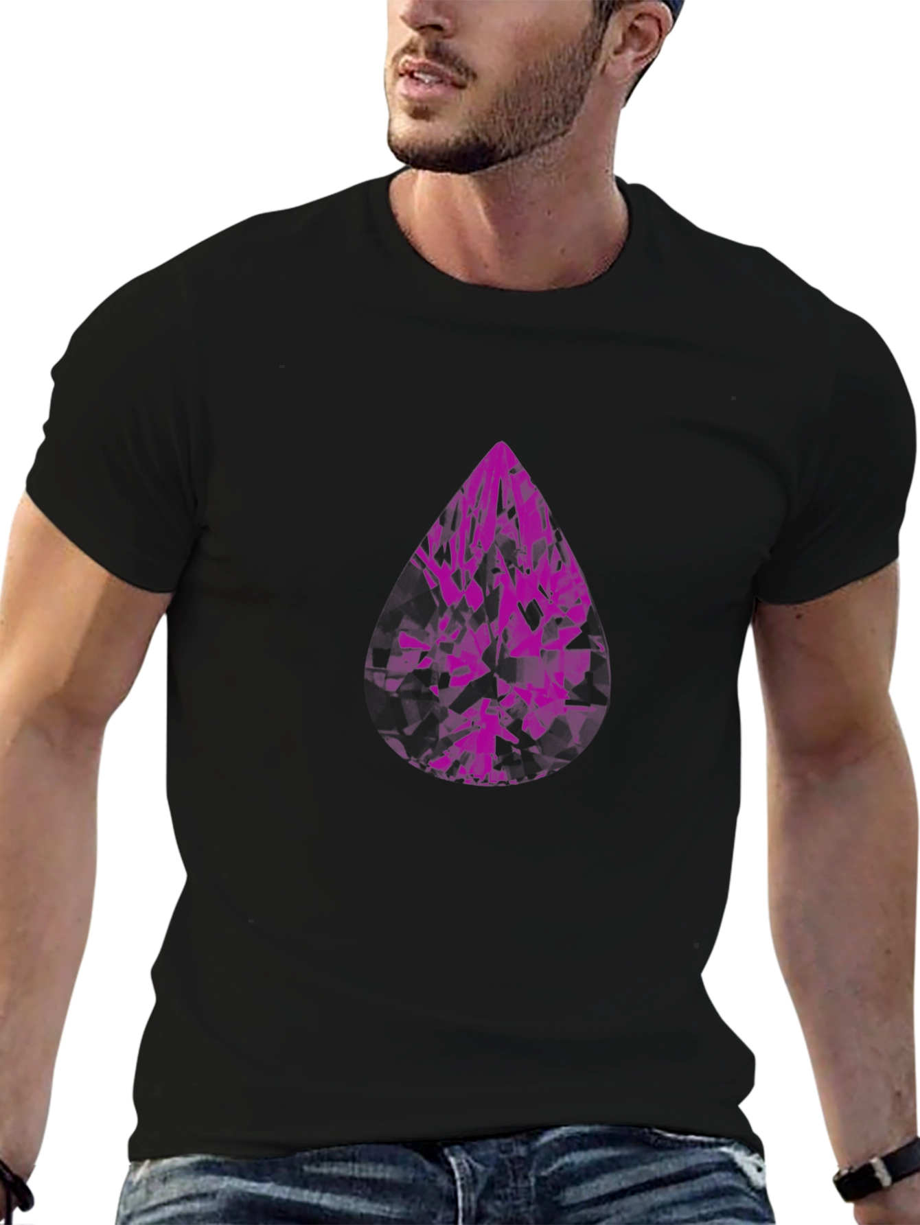 Modern Black T-Shirt with Abstract Purple Gem Design