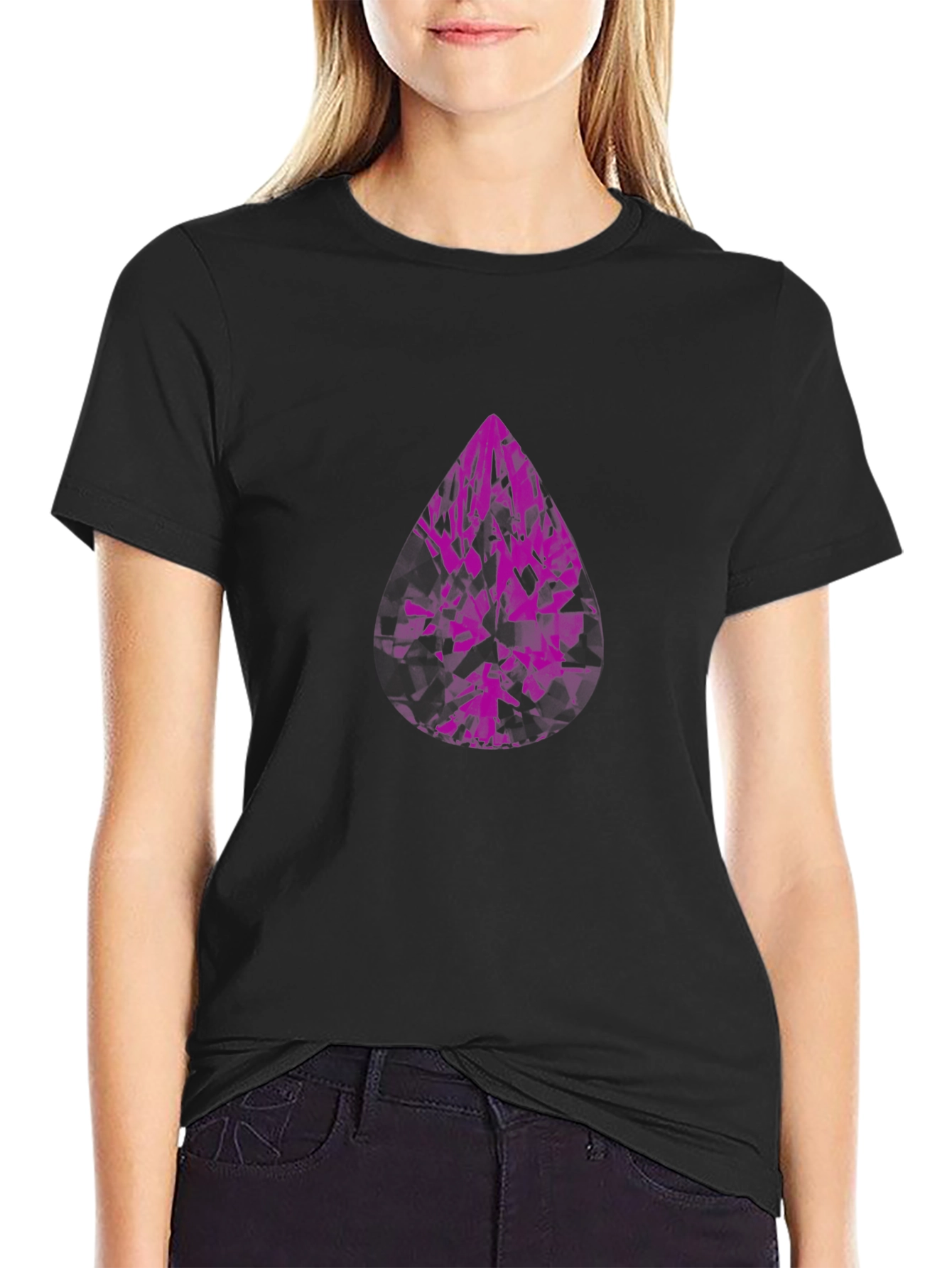 Modern Black T-Shirt with Abstract Purple Gem Design