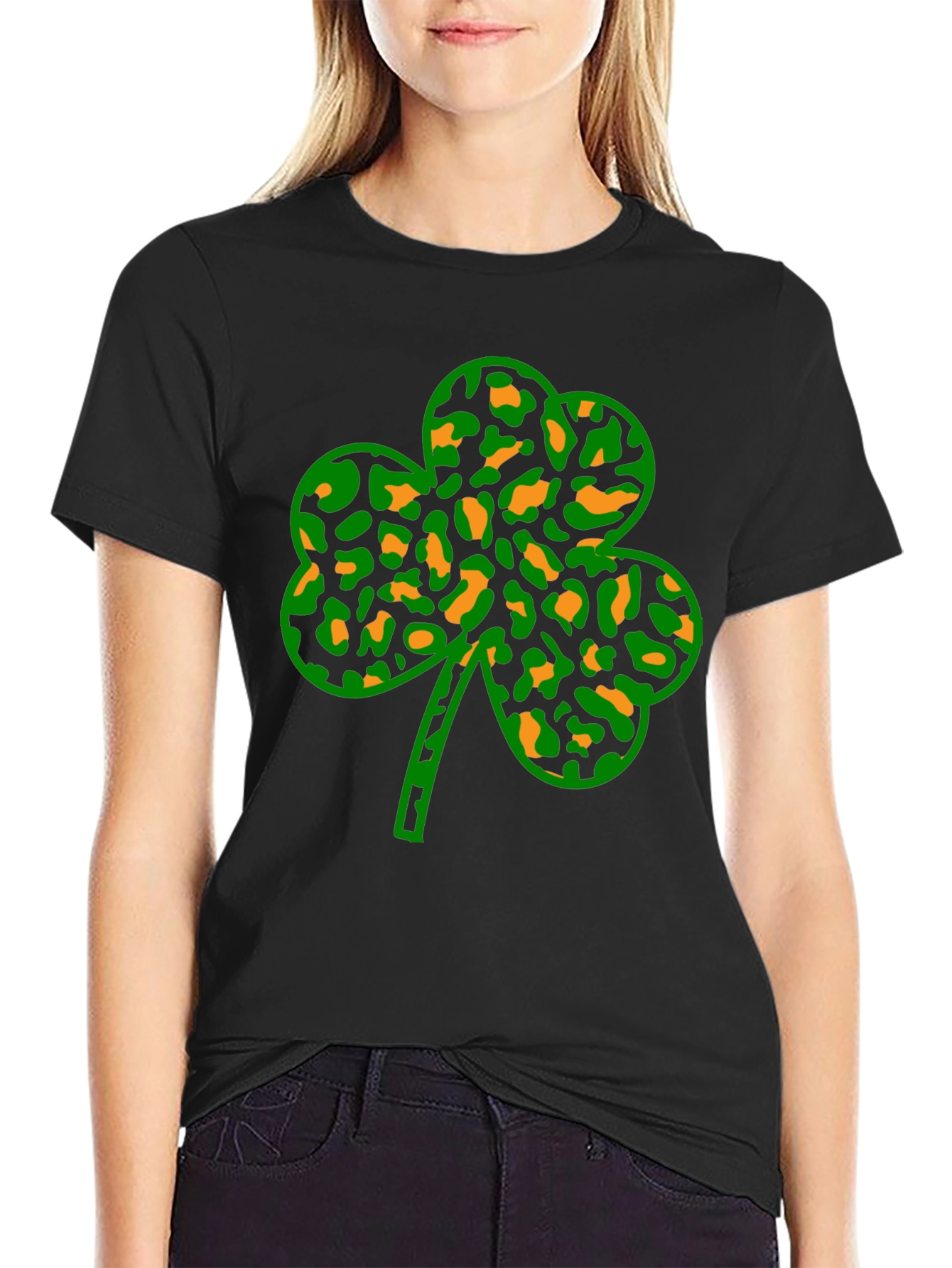 St. Patricks Day Clover Leopard Print Black Tee