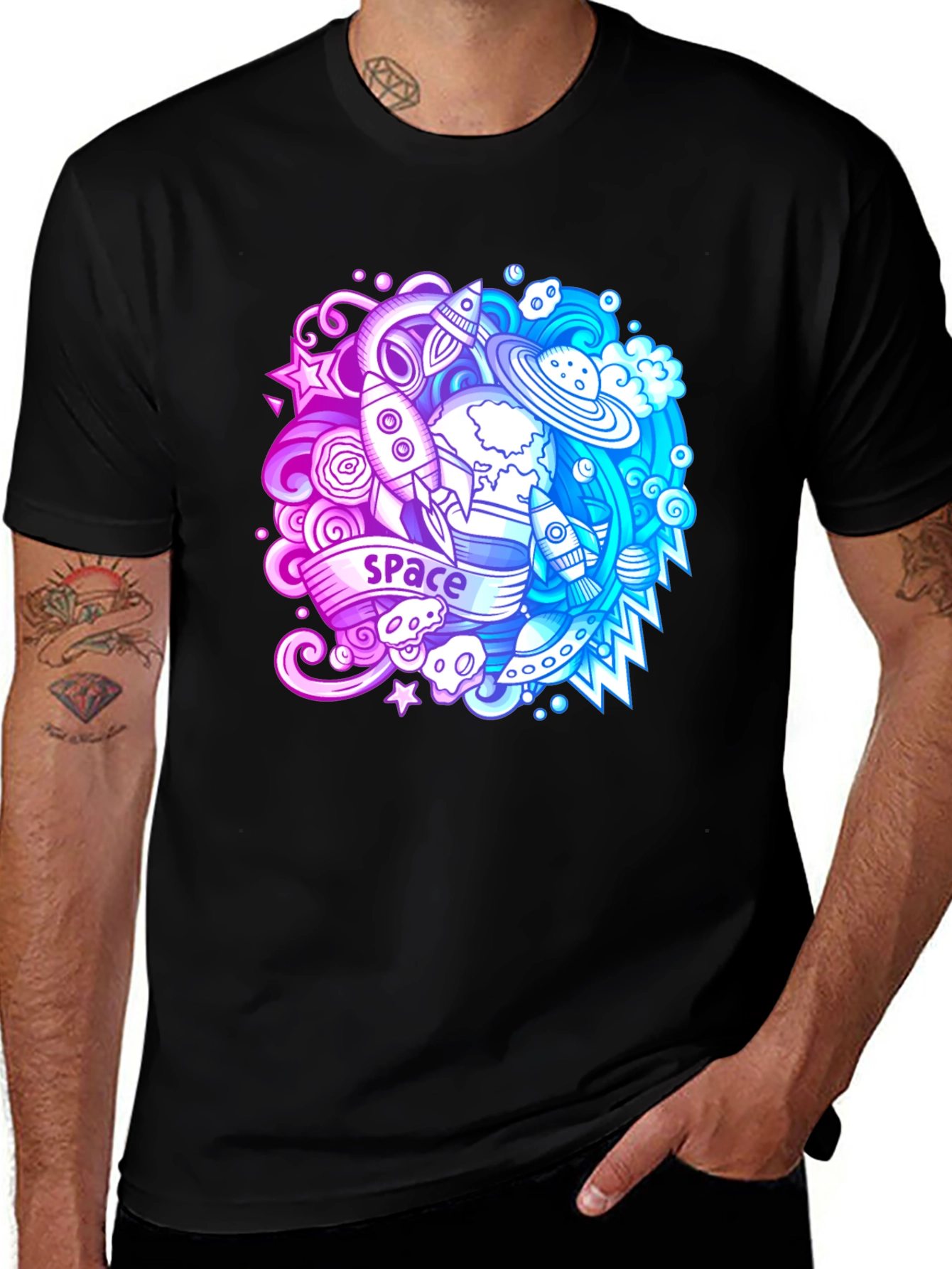 Space Theme Graphic T-Shirt - Bold Black Cotton Tee