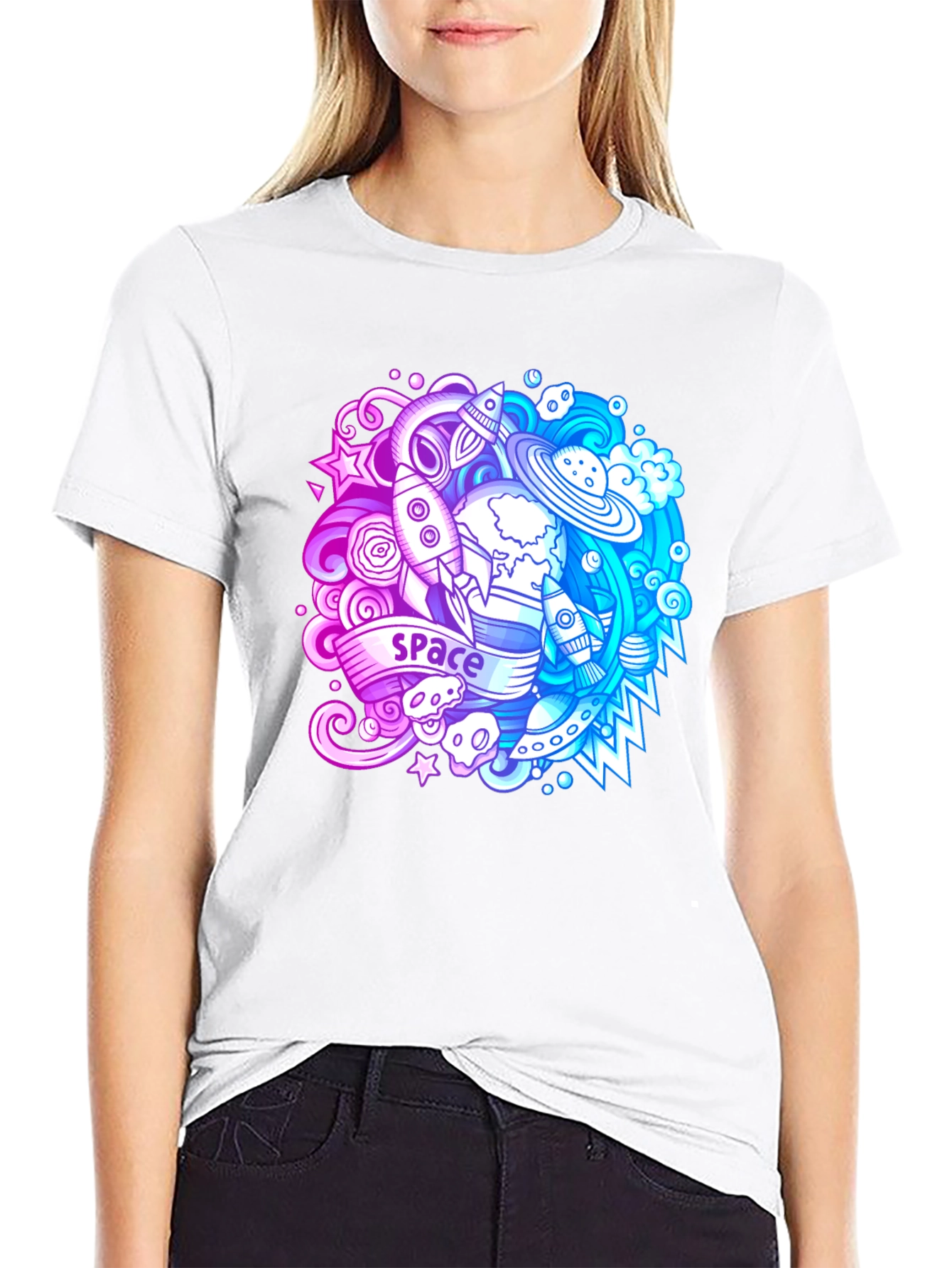 Space Theme Graphic T-Shirt - Bold Black Cotton Tee