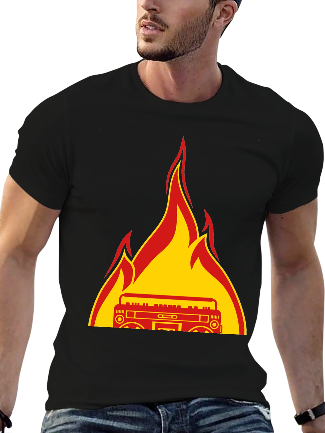 Flaming Boombox Graphic Tee - Retro Style