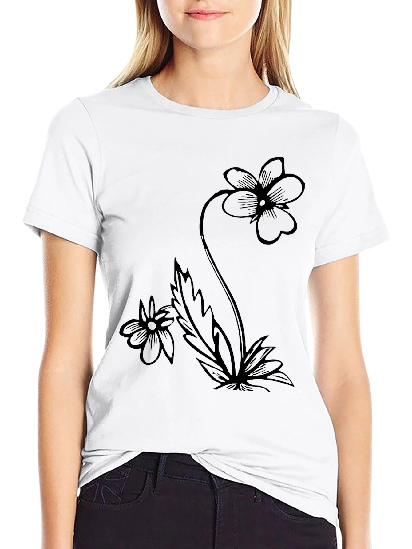 Floral Black T-Shirt Modern Flower Design