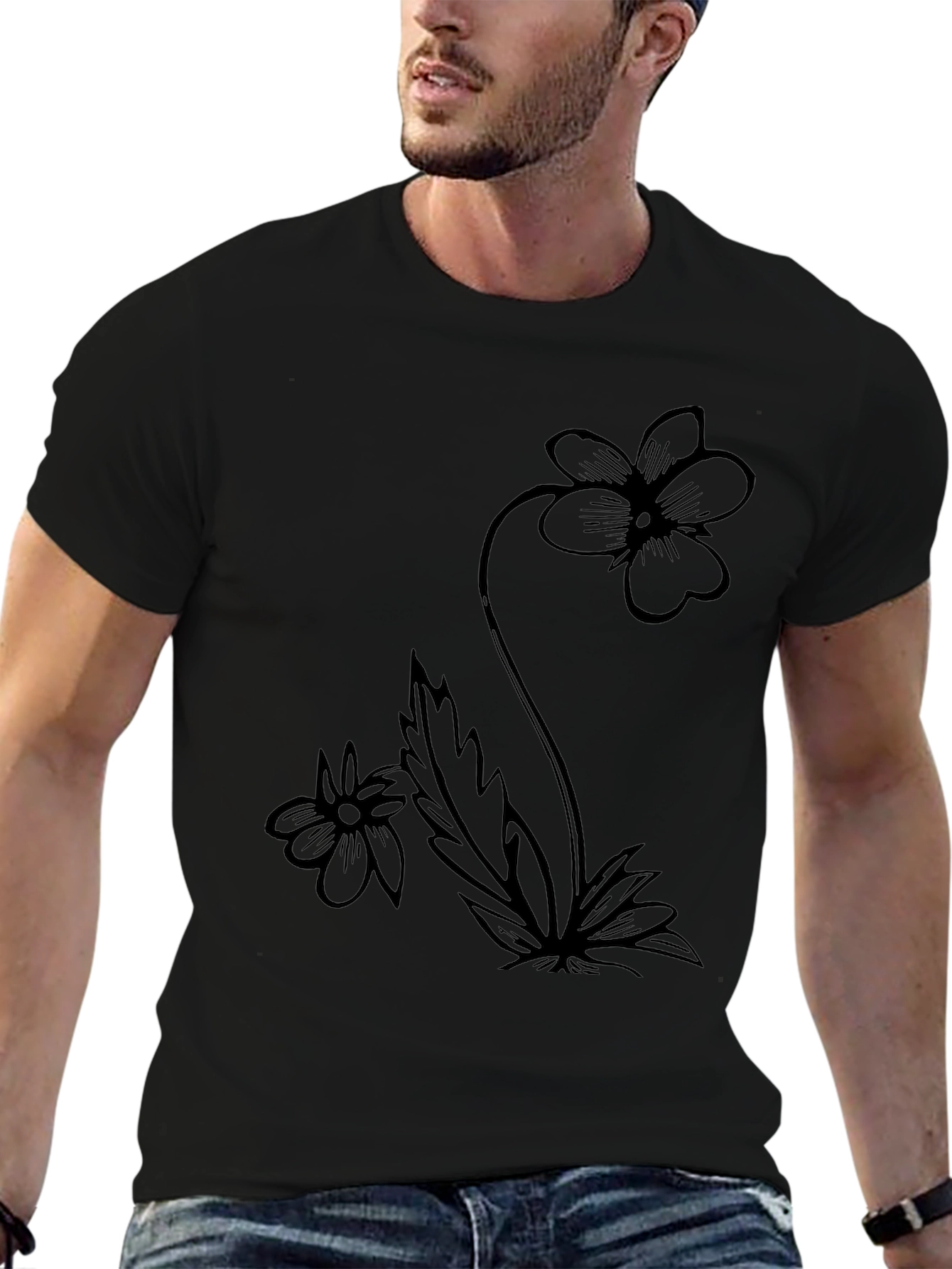 Floral Black T-Shirt Modern Flower Design