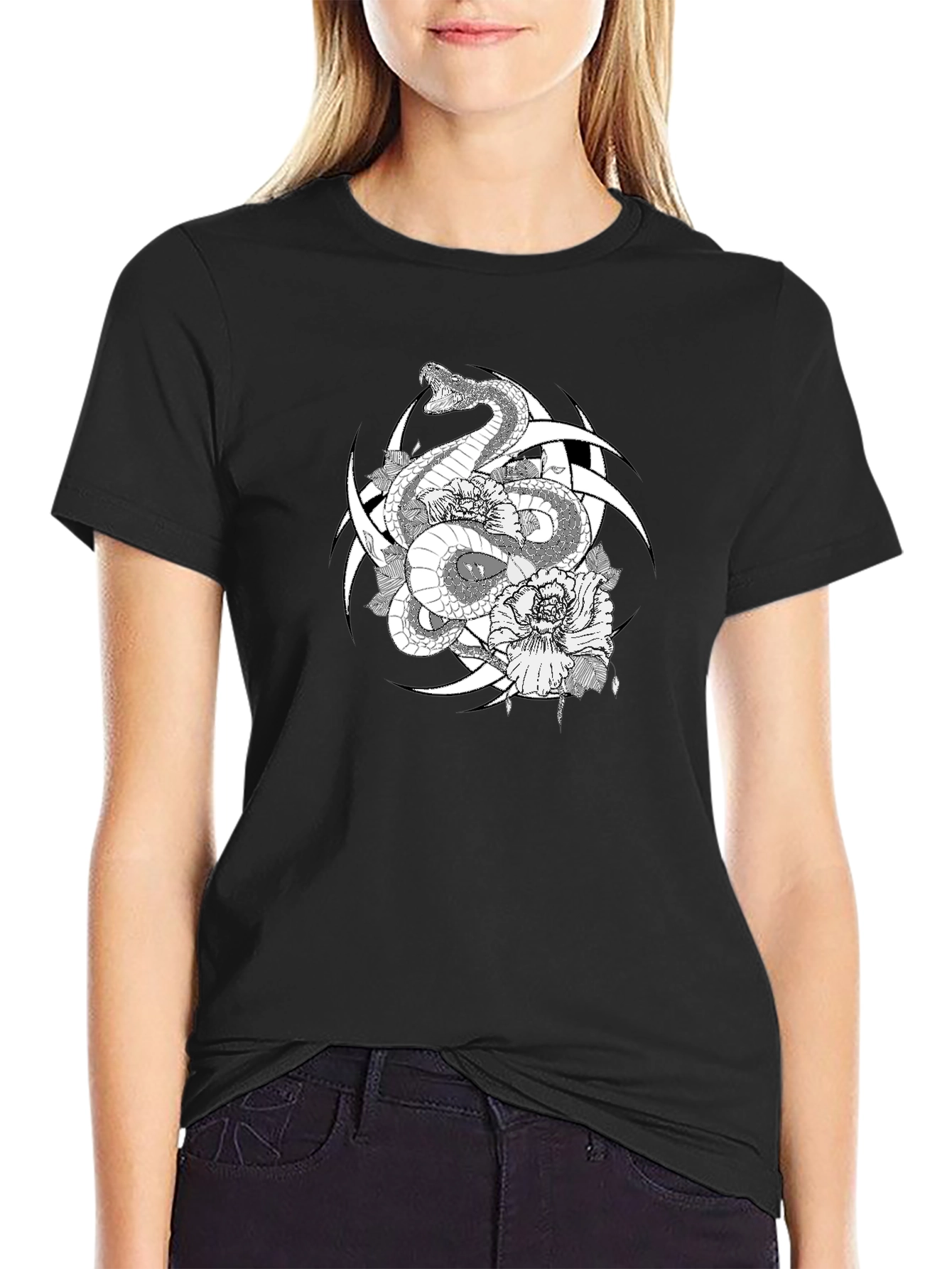 Snake & Flower Graphic Tee - Black