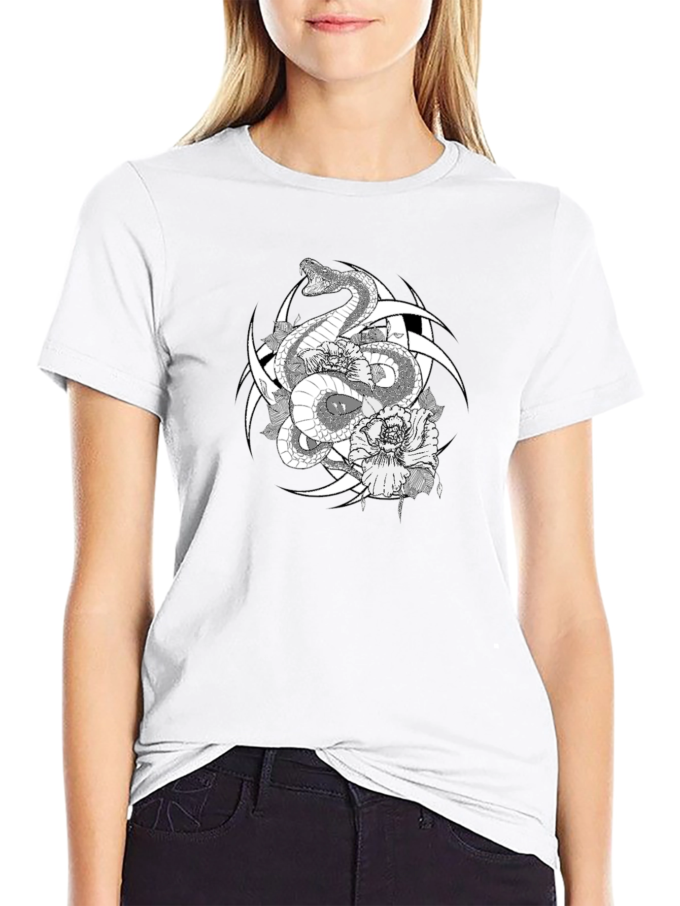 Snake & Flower Graphic Tee - Black