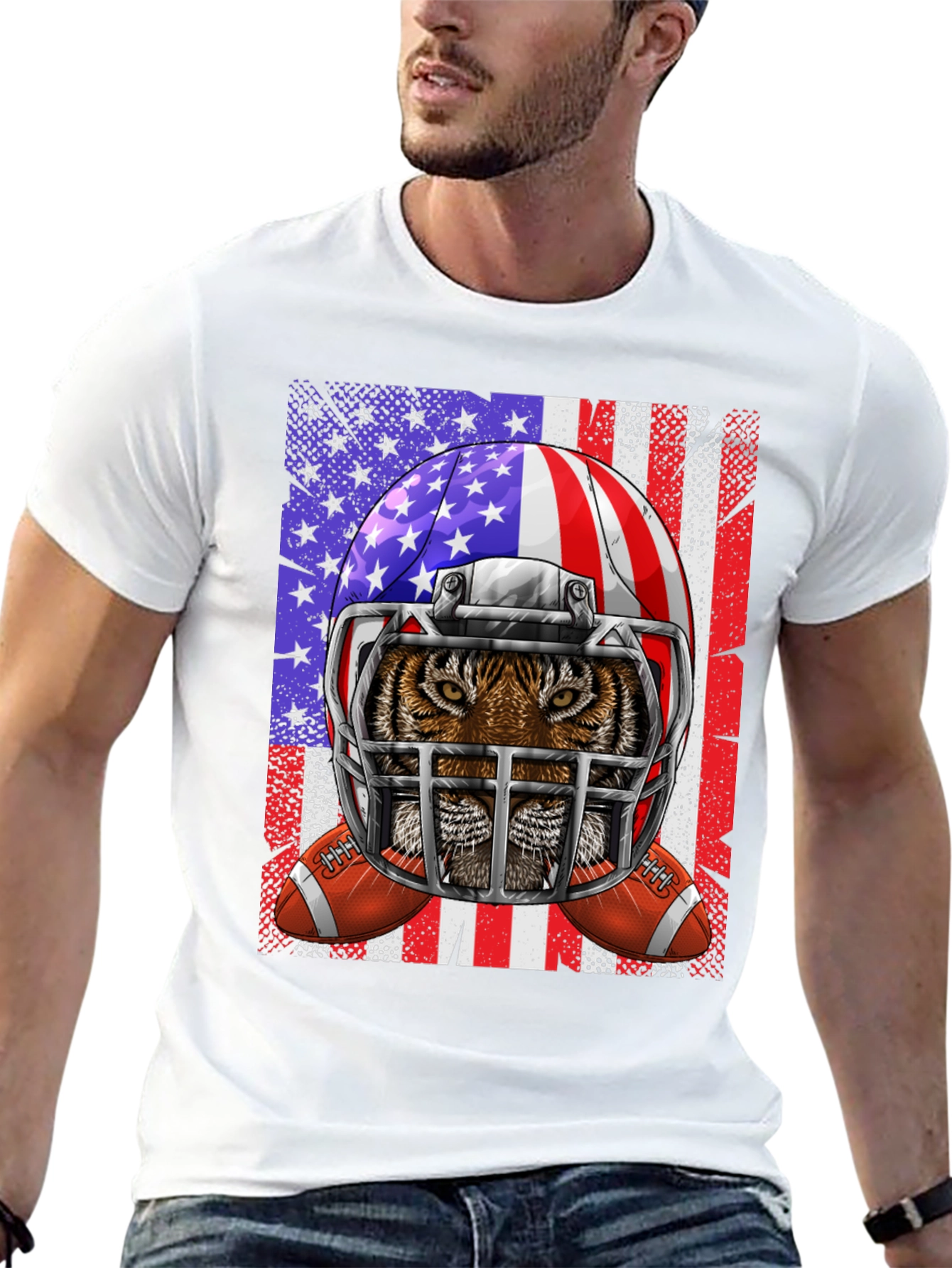 Tiger Football Helmet USA Flag Graphic Tee