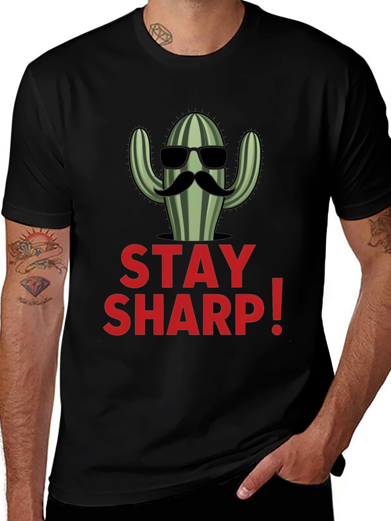 Stay Sharp Cactus Graphic Black T-Shirt