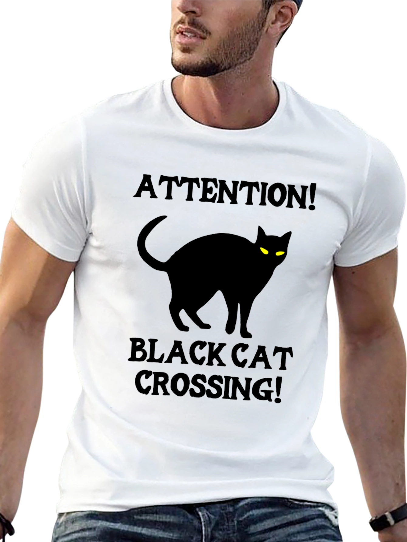 Black Cat Crossing T-Shirt - Attention Halloween Tee