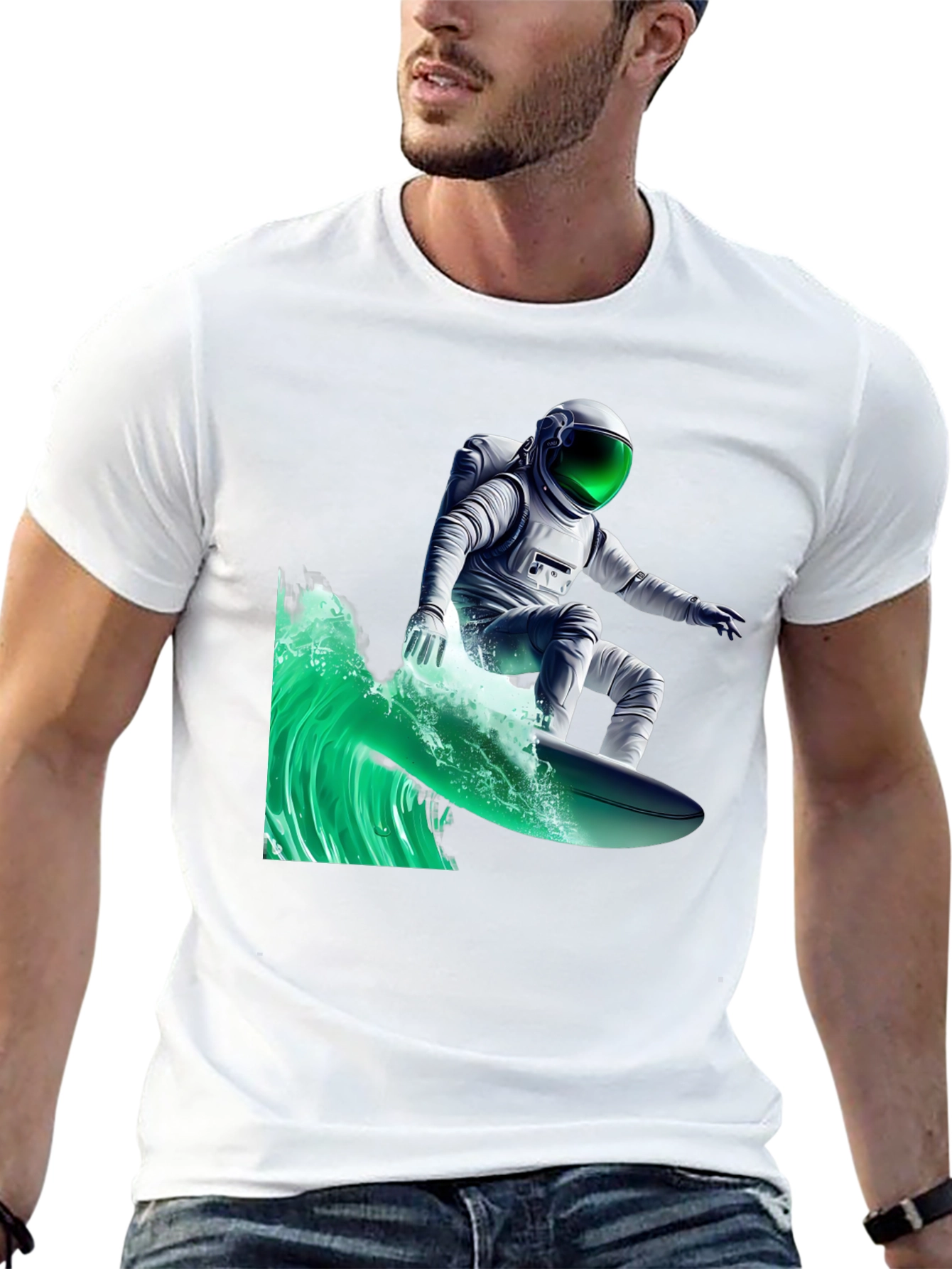 Surfing Astronaut Graphic Tee - Black Cotton Comfort