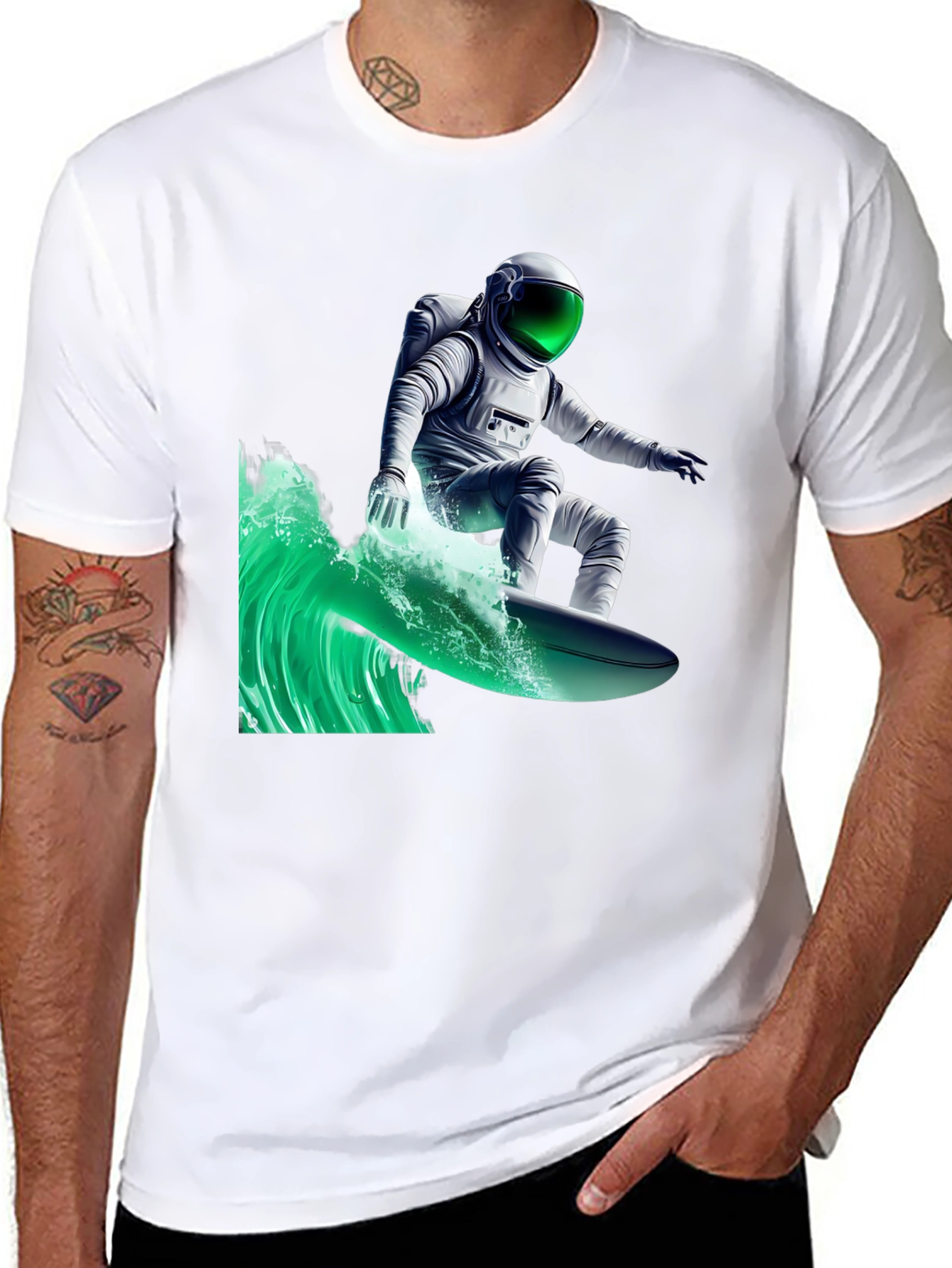 Surfing Astronaut Graphic Tee - Black Cotton Comfort