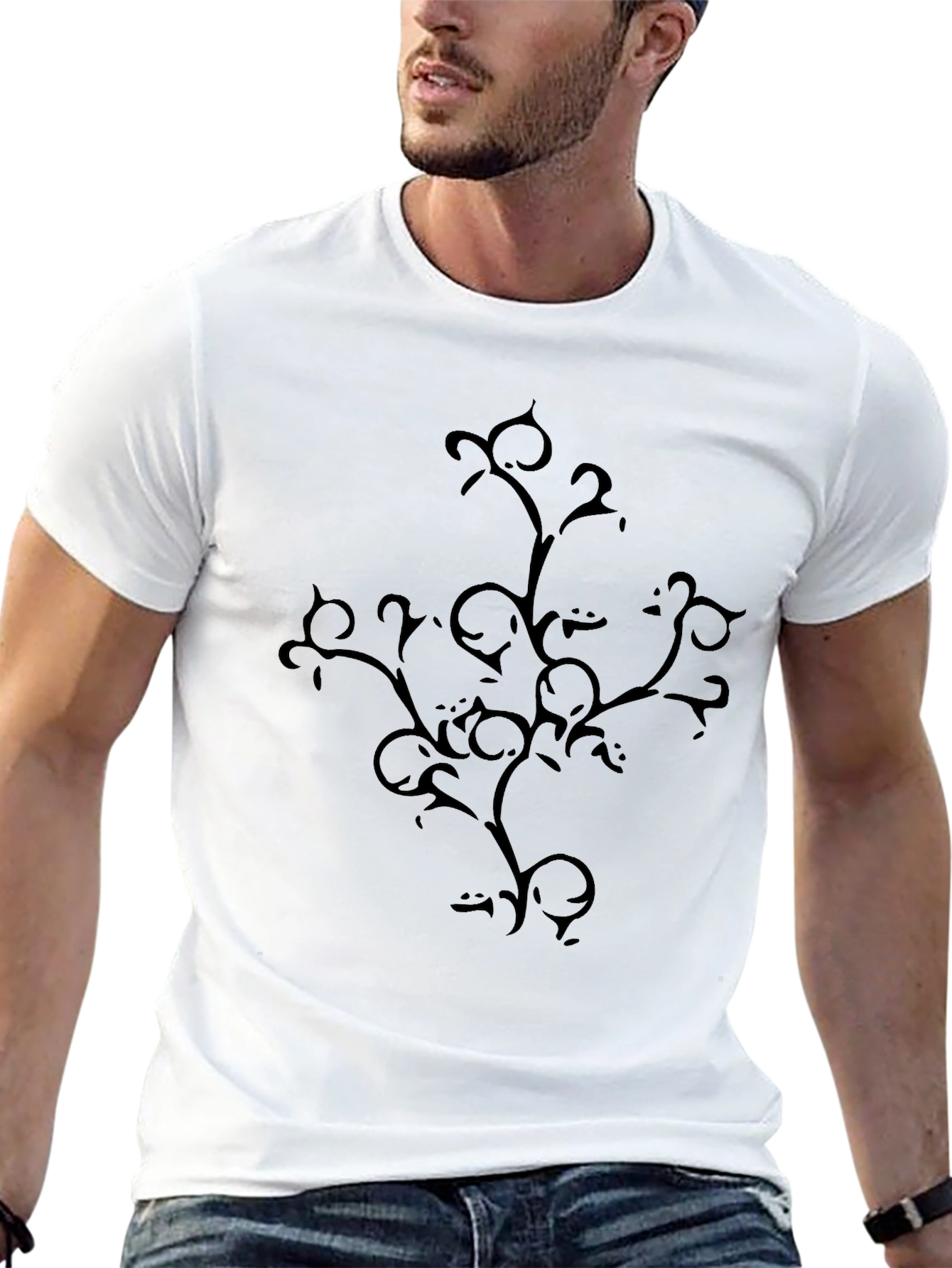 Black Tee with Abstract Vine Design