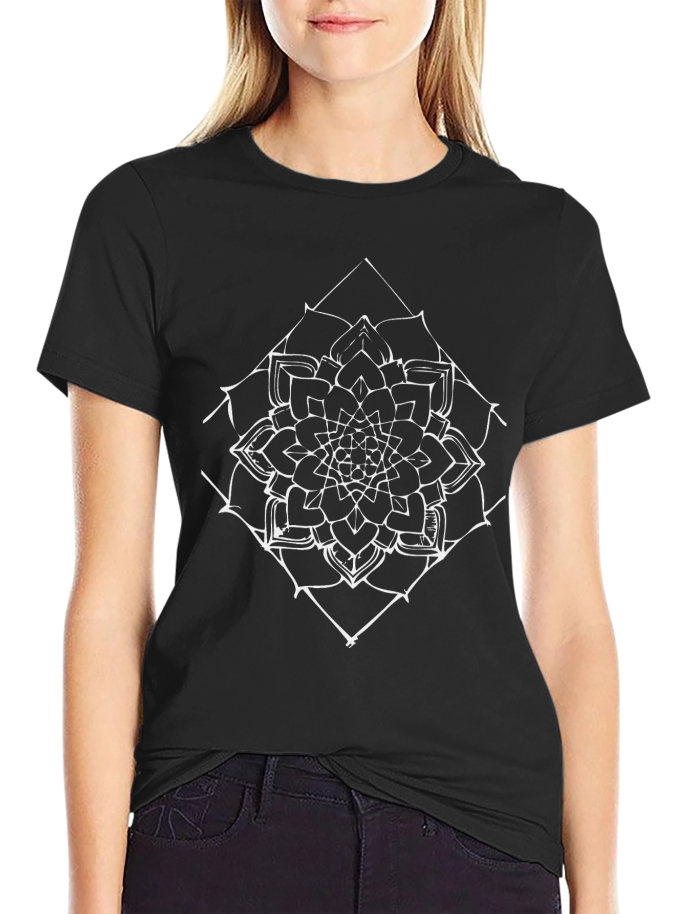 Black T-Shirt with White Mandala Design