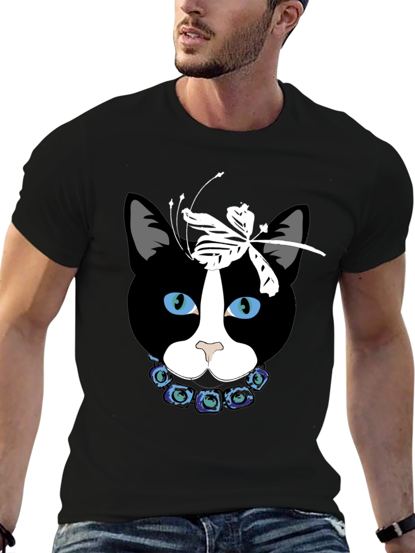 Cat Face T-Shirt with Dragonfly Bow and Flower Collar