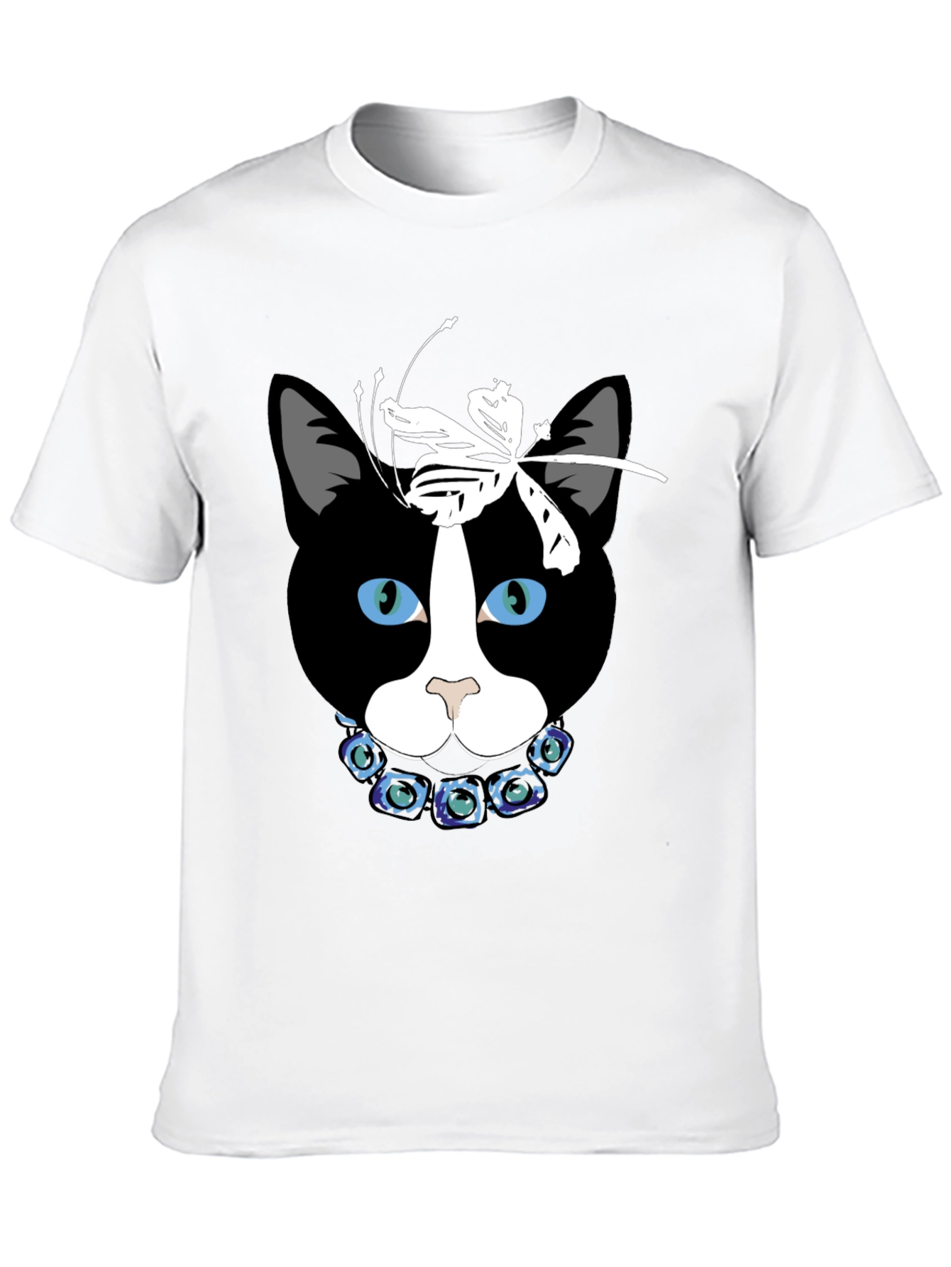 Cat Face T-Shirt with Dragonfly Bow and Flower Collar