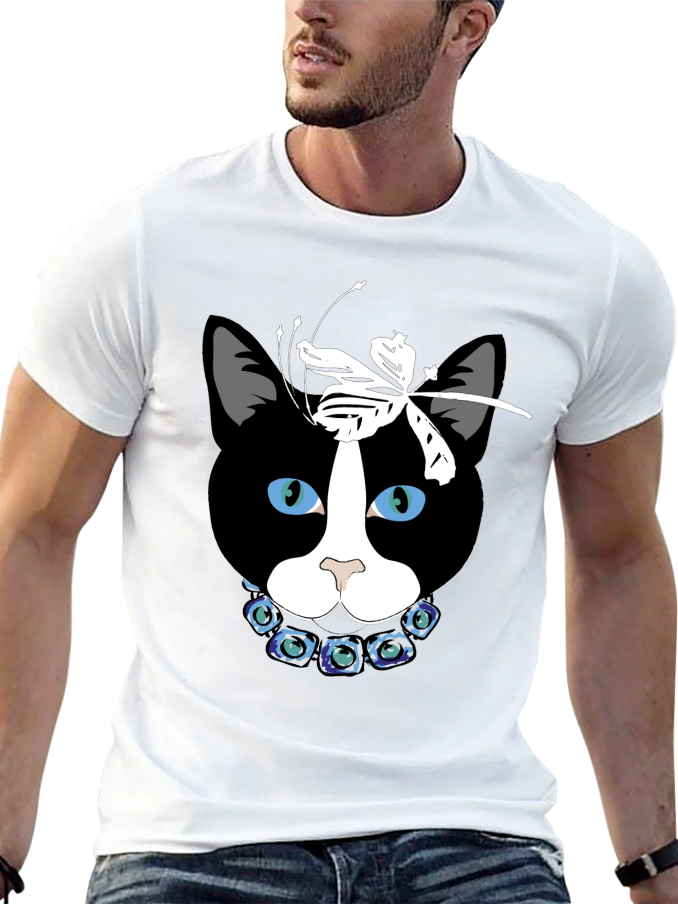 Cat Face T-Shirt with Dragonfly Bow and Flower Collar
