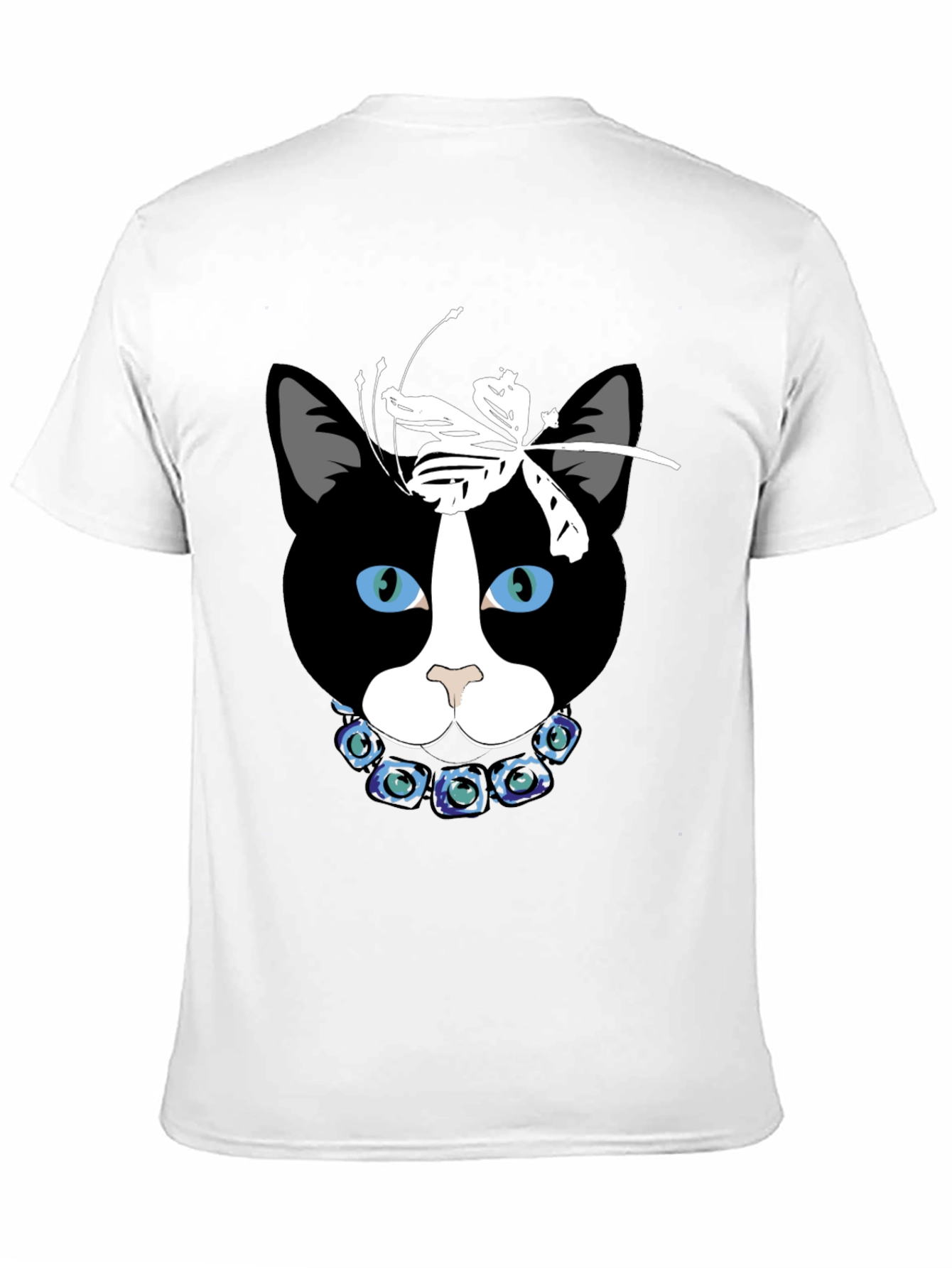Cat Face T-Shirt with Dragonfly Bow and Flower Collar