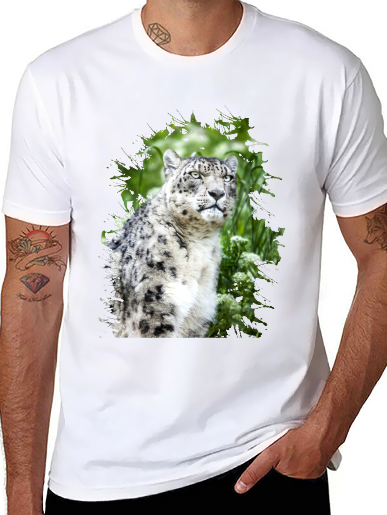 Snow Leopard Graphic Tee - Black Cotton T-Shirt