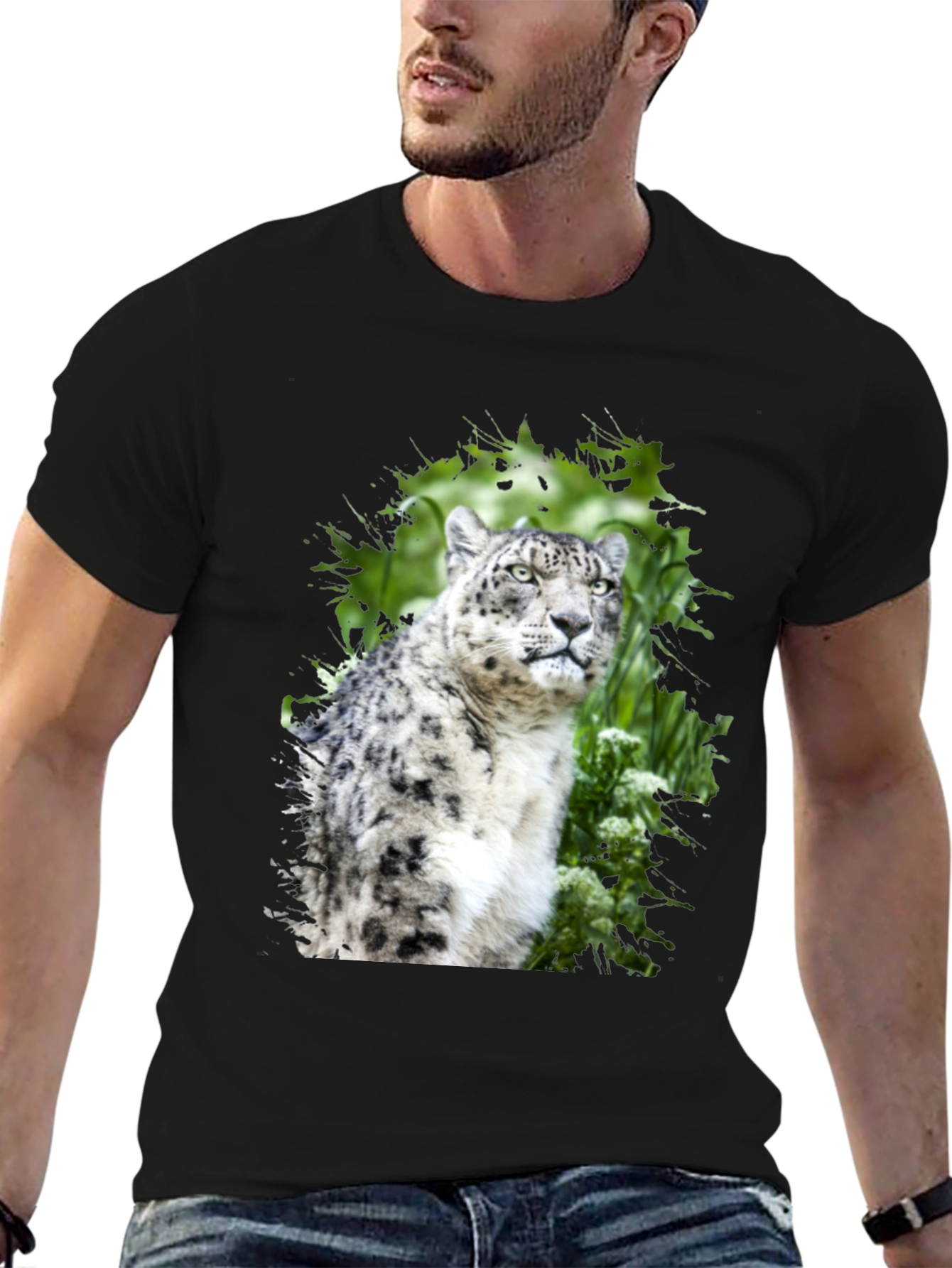 Snow Leopard Graphic Tee - Black Cotton T-Shirt