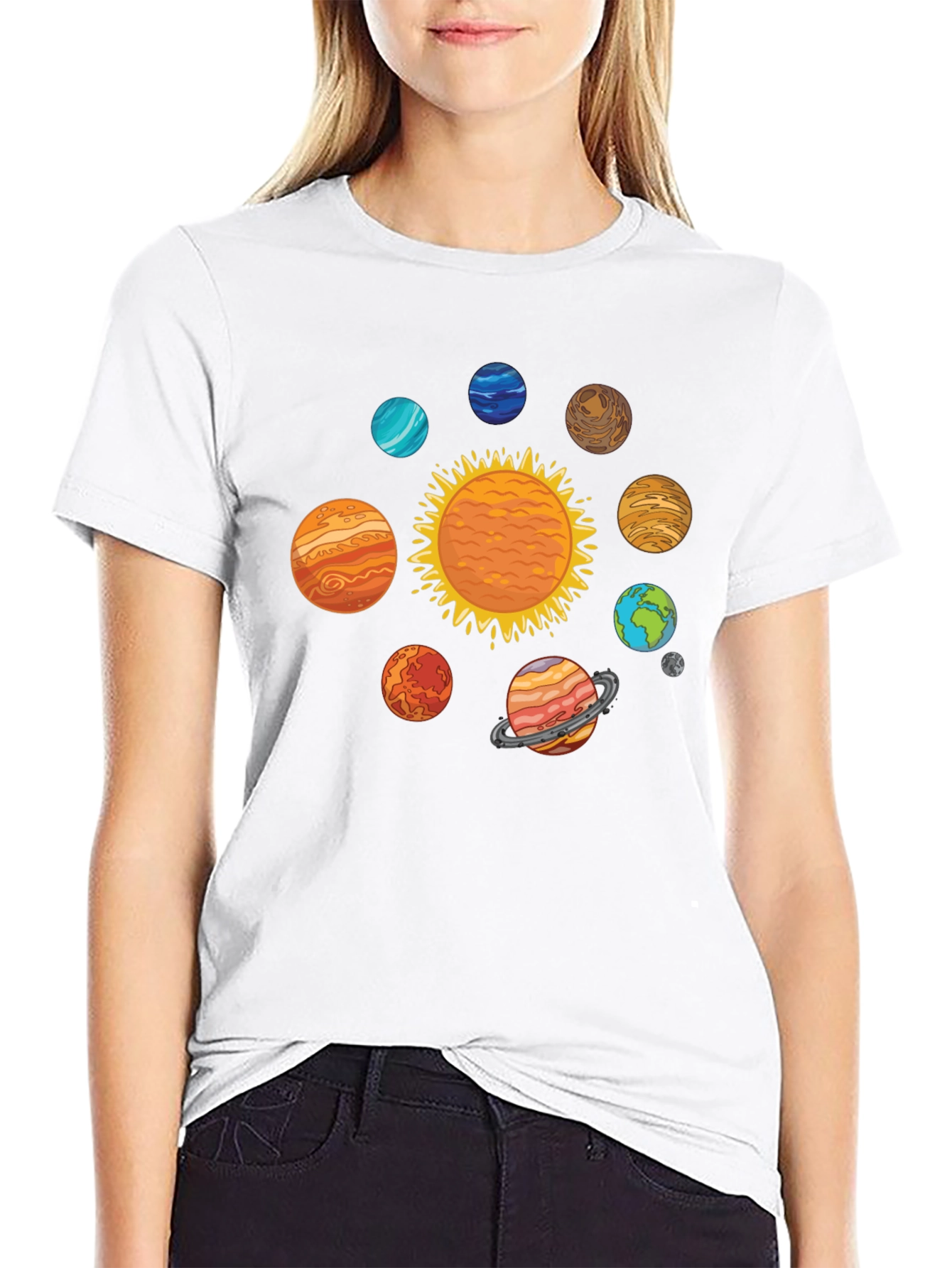 Solar System Planets Graphic Print Black T-Shirt