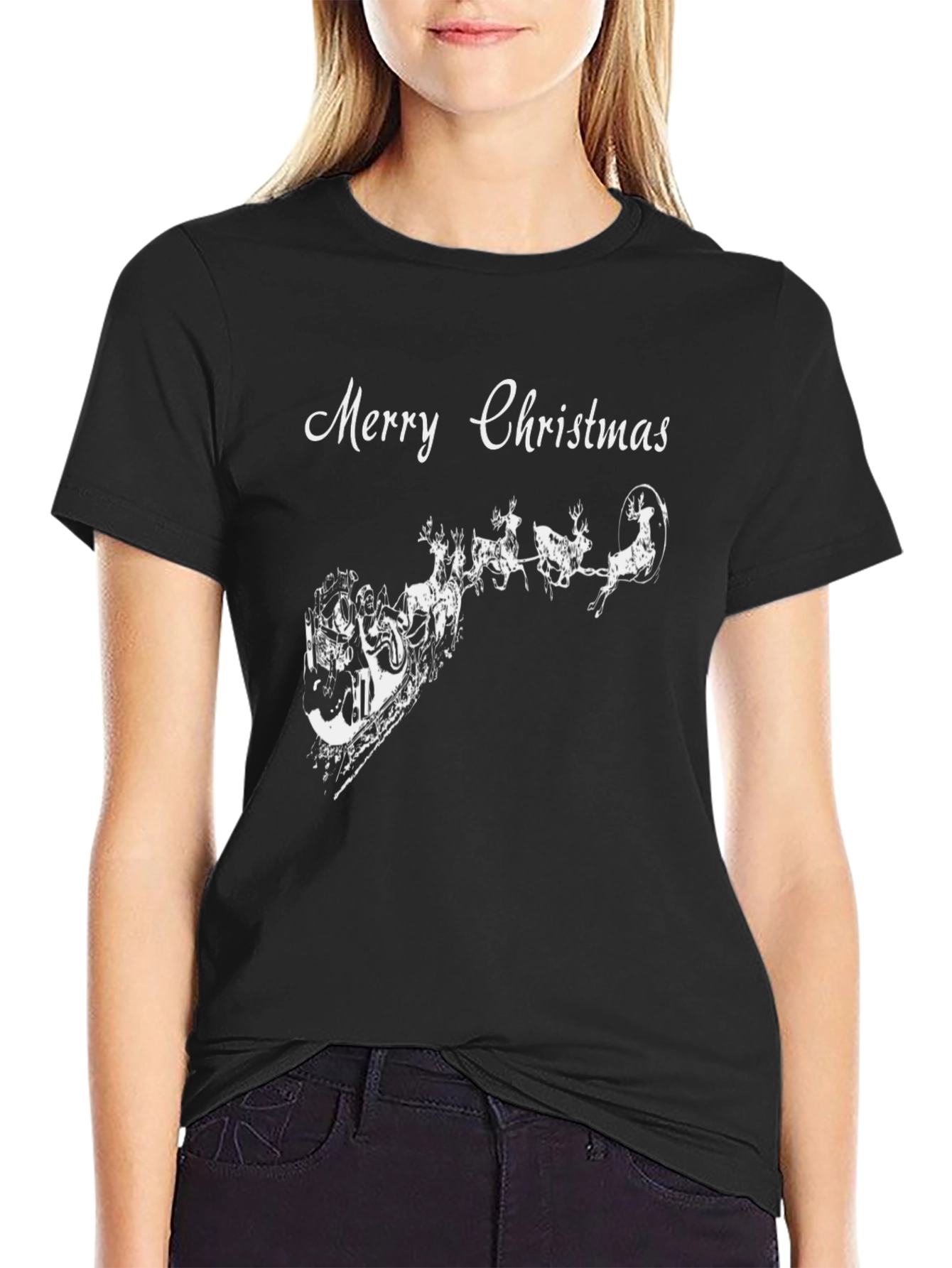 Merry Christmas Santa Reindeer Black T-Shirt