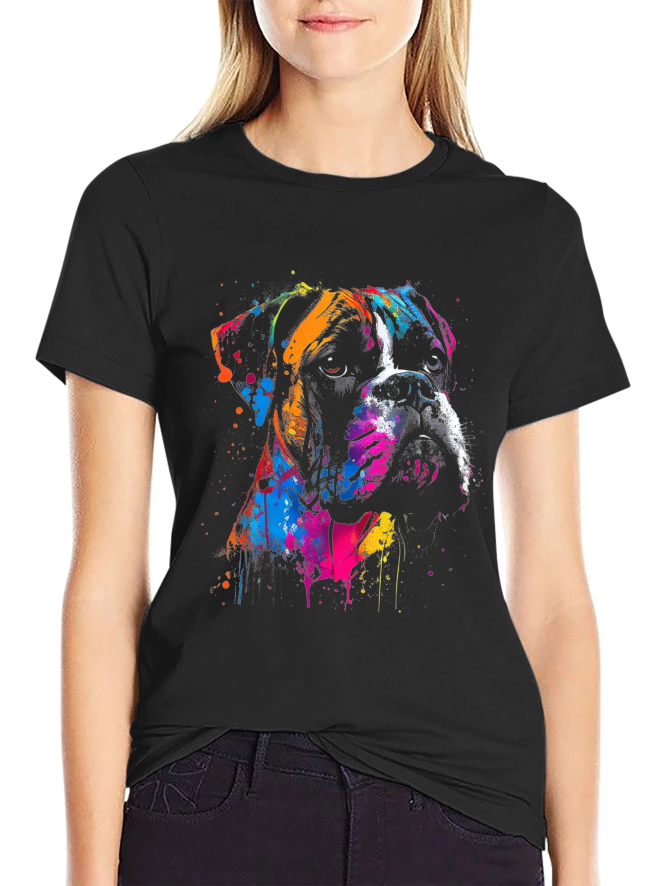 Boxer Dog Art Print Black T-Shirt